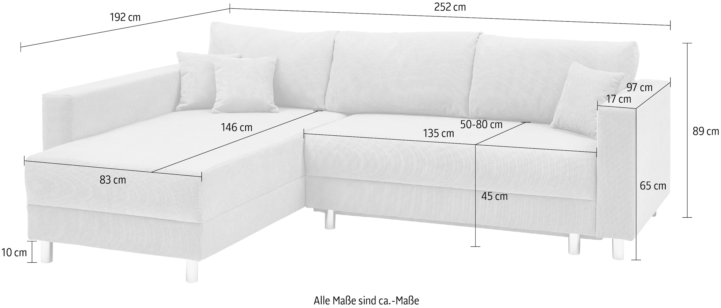 INOSIGN Ecksofa »Anela L-Form«, inklusive Bettfunktion, Bettkasten, loser Zier- und Rückenkissen