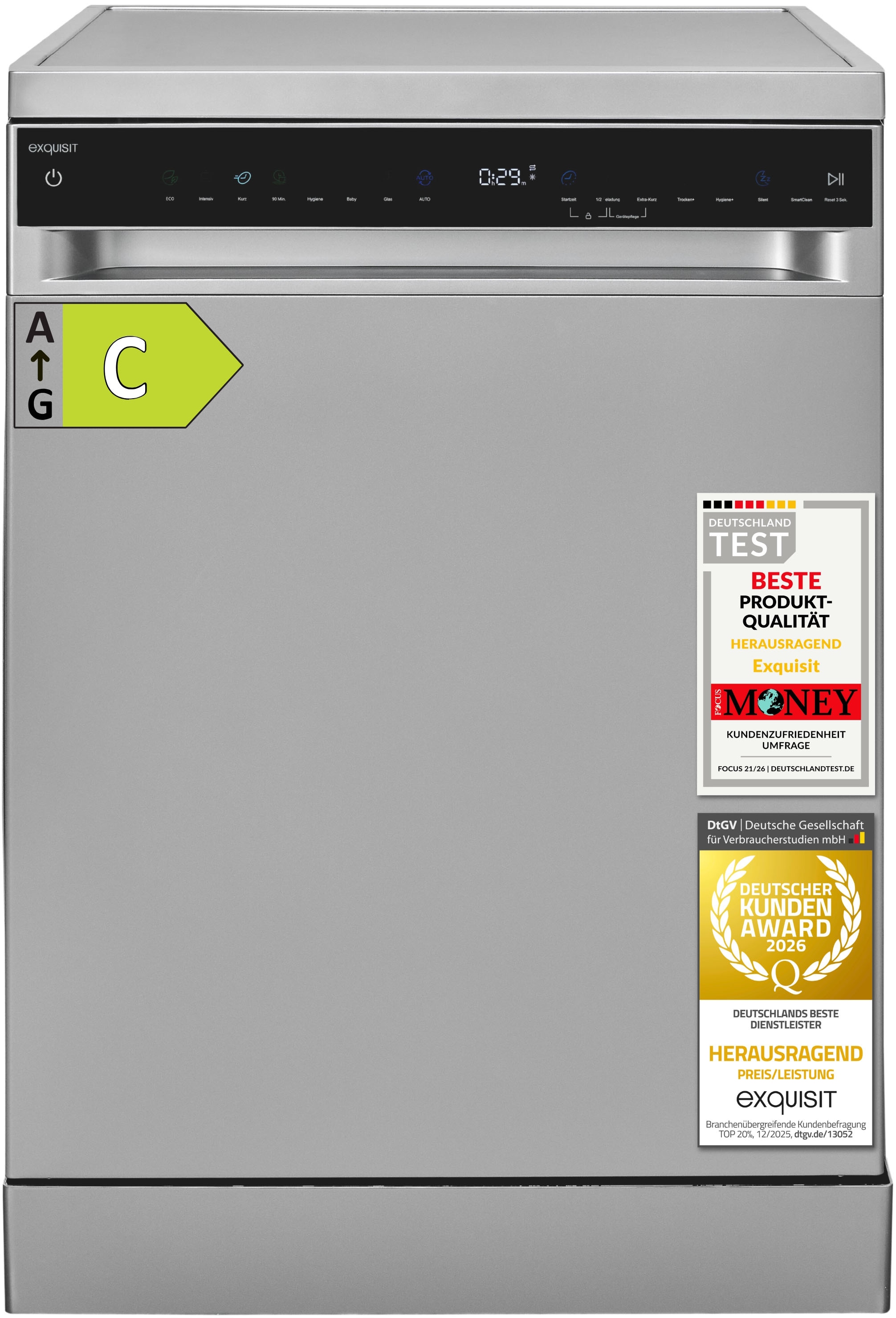 exquisit Standgeschirrspüler »GSP9316-450C silber« 10,9 l 16 tlg. Maßgedecke 16 Maßgedecke, LED, Besteckschublade, Auto Door Open, AquaStop