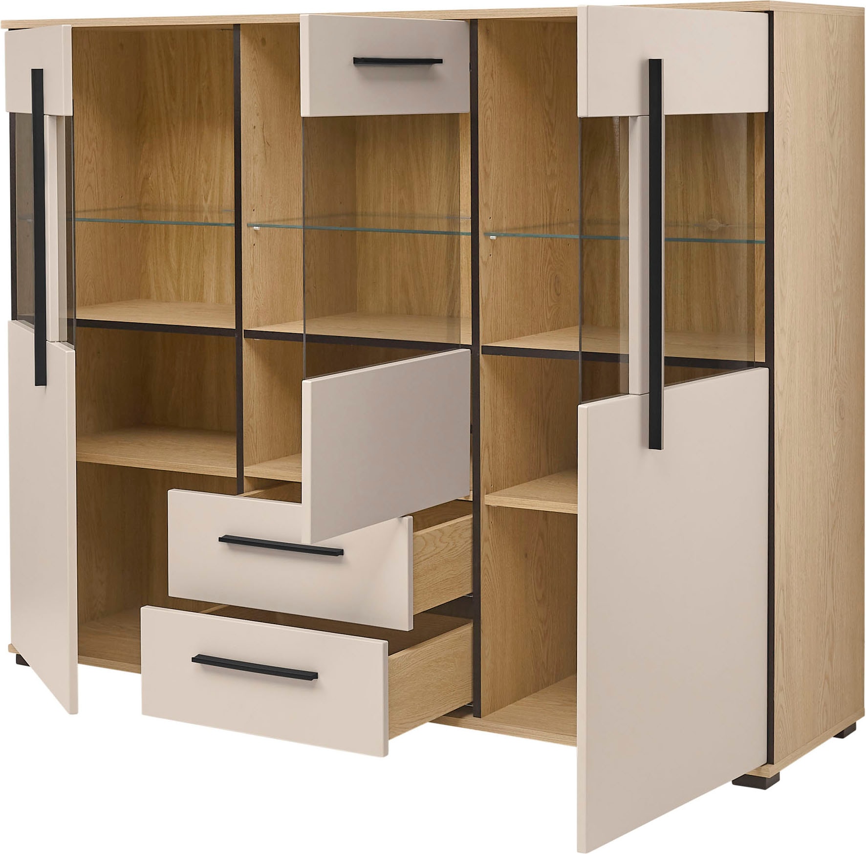 Home affaire Highboard »Cantara, moderner Schrank, Vitrine in Eiche Dekor, Weiß oder Kaschmir« schwarze Stangengriffe, ausreichend Stauraum, vielseitig einsetzbar