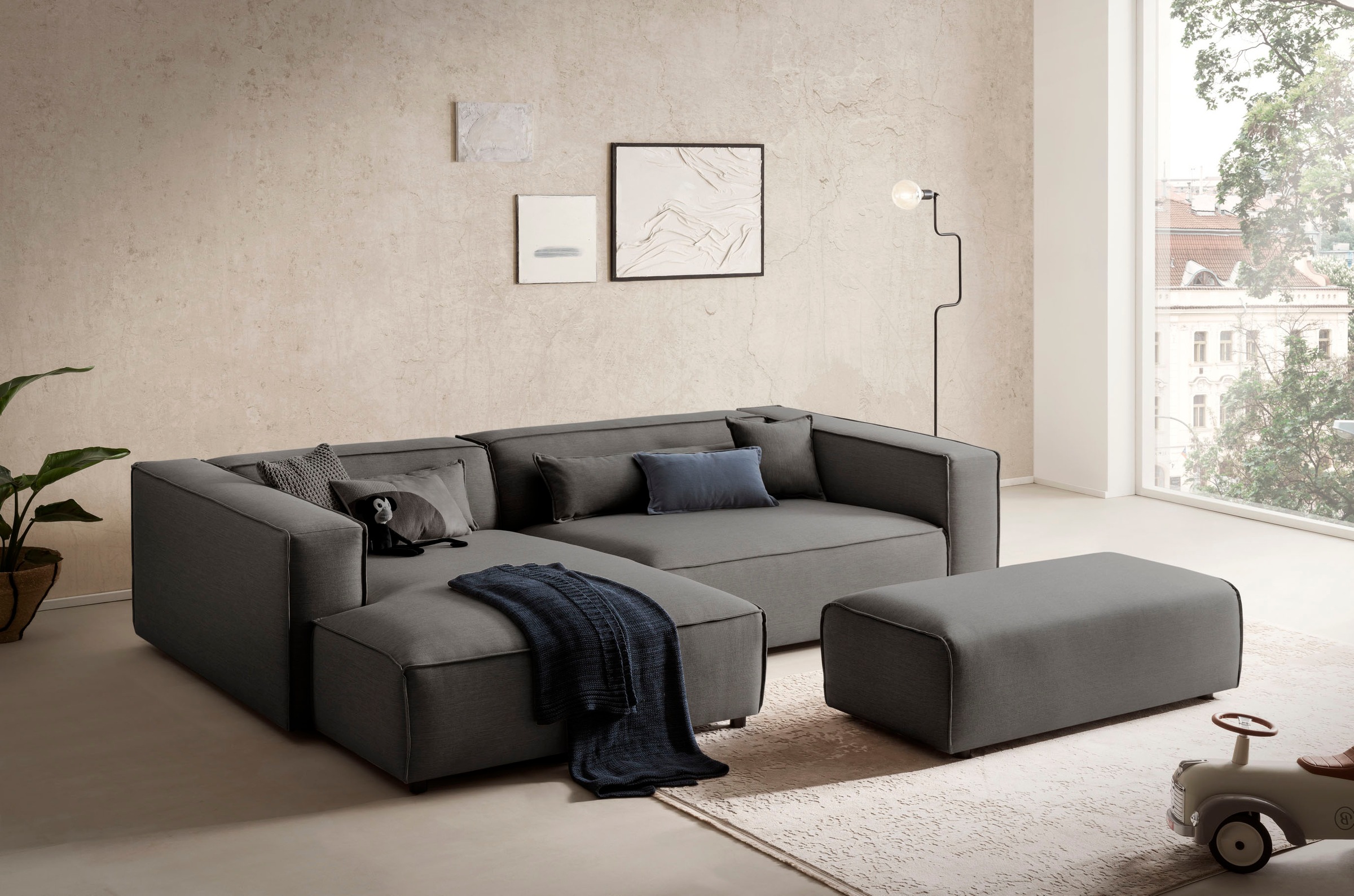 LeGer Home by Lena Gercke Polsterecke »PIARA XXL, L-Form mit Schlaffunktion, Big-Sofa in Cord o. Leinenoptik«, Hocker stellbar zum Schlafsofa (Krokodilverbinder), tiefe Sitzfläche