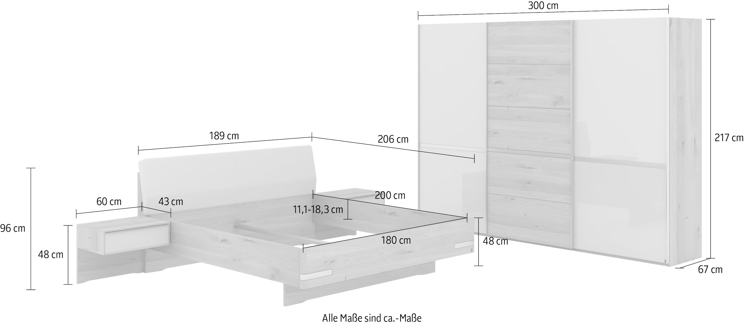 Musterring Schlafzimmer-Set »Savona, Kleiderschrank, Bett & Nachtkommoden, teilmassiv Bianco-Eiche«, (2er-Set Nachtschränke, Schwebetürenschrank, Bett 180x200 cm), Kopfteil Kunstleder Champagner, Schrank mit Eiche- und Glastüren