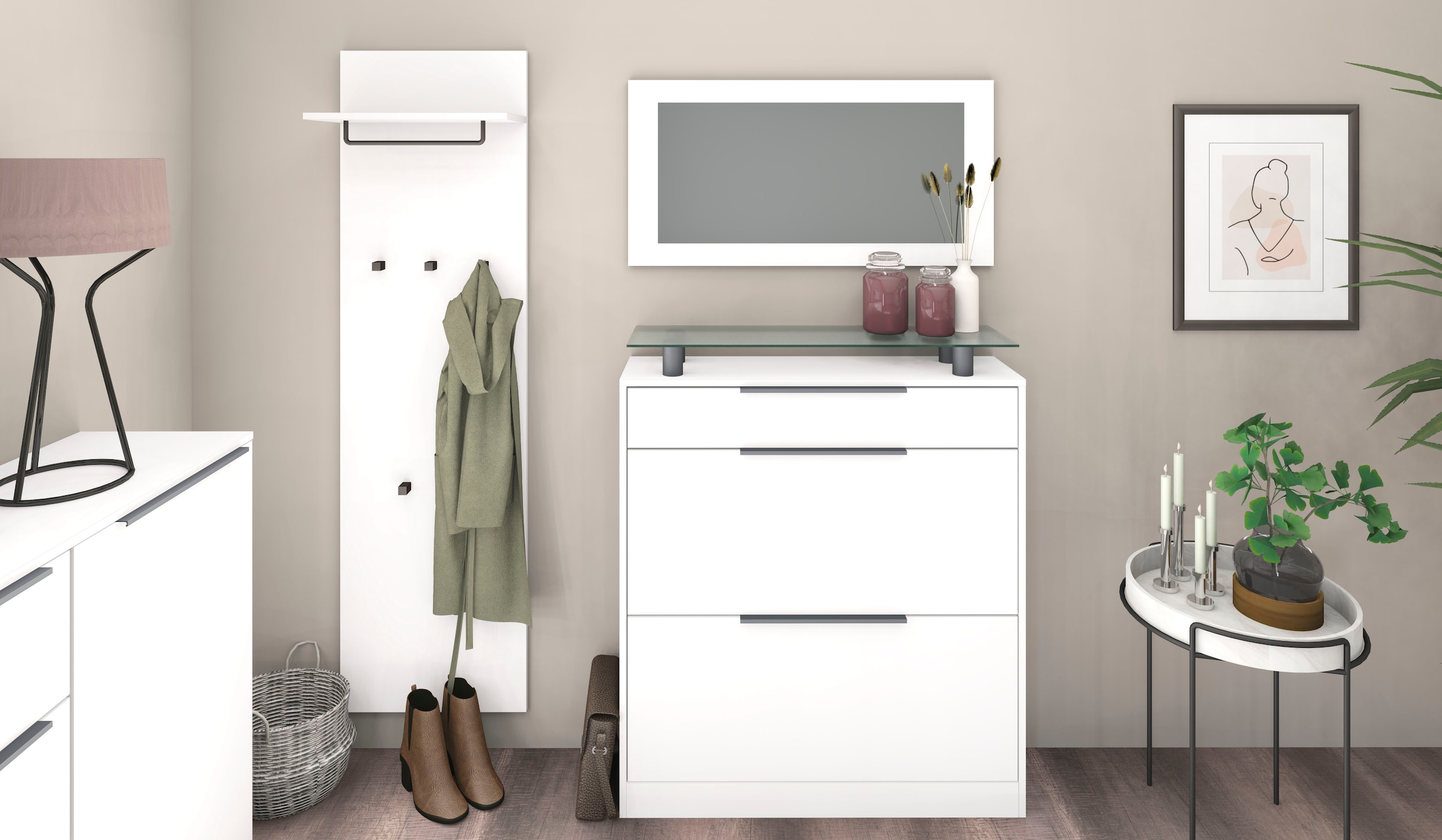 Garderoben-Set BORCHARDT MÖBEL, weiß, Flur, Kastenmöbel-Sets, "Tom", Schuhschrank stehend