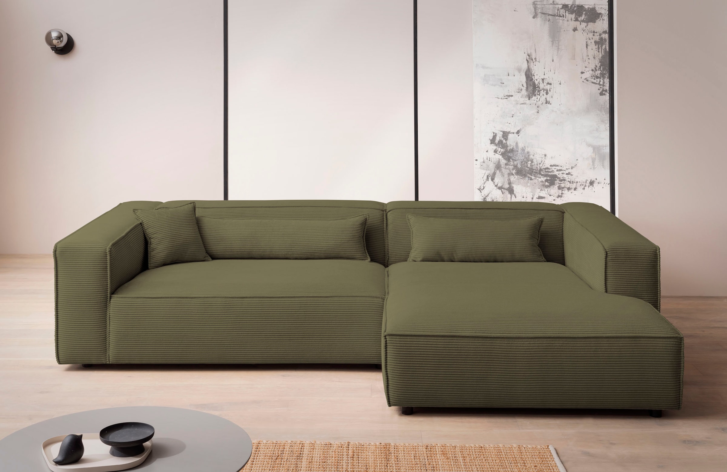 LeGer Home by Lena Gercke Ecksofa »PIARA XXL, Big-Sofa in Cord oder Leinenoptik, L-Form, mit Kedernaht«, wahlweise Ottomane rechts/links, schwarze Füße, extra tiefe Sitzfläche