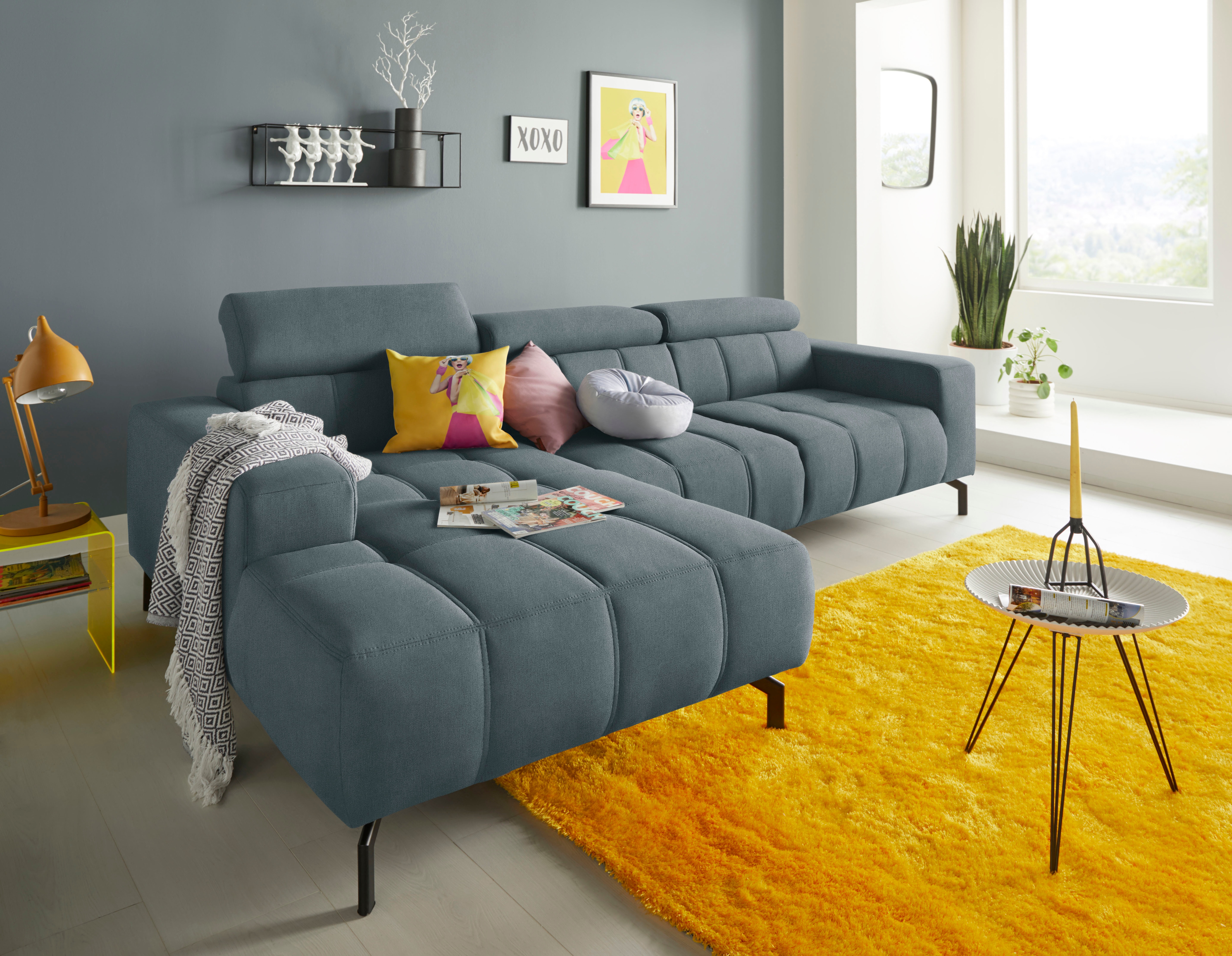 DOMO collection Ecksofa "Cunelli tolle Sitznähte als Designelement, fester Sitzkomfort, L-Form" whlw. verstellbare Kopfteile, passend für gängige Saugroboter