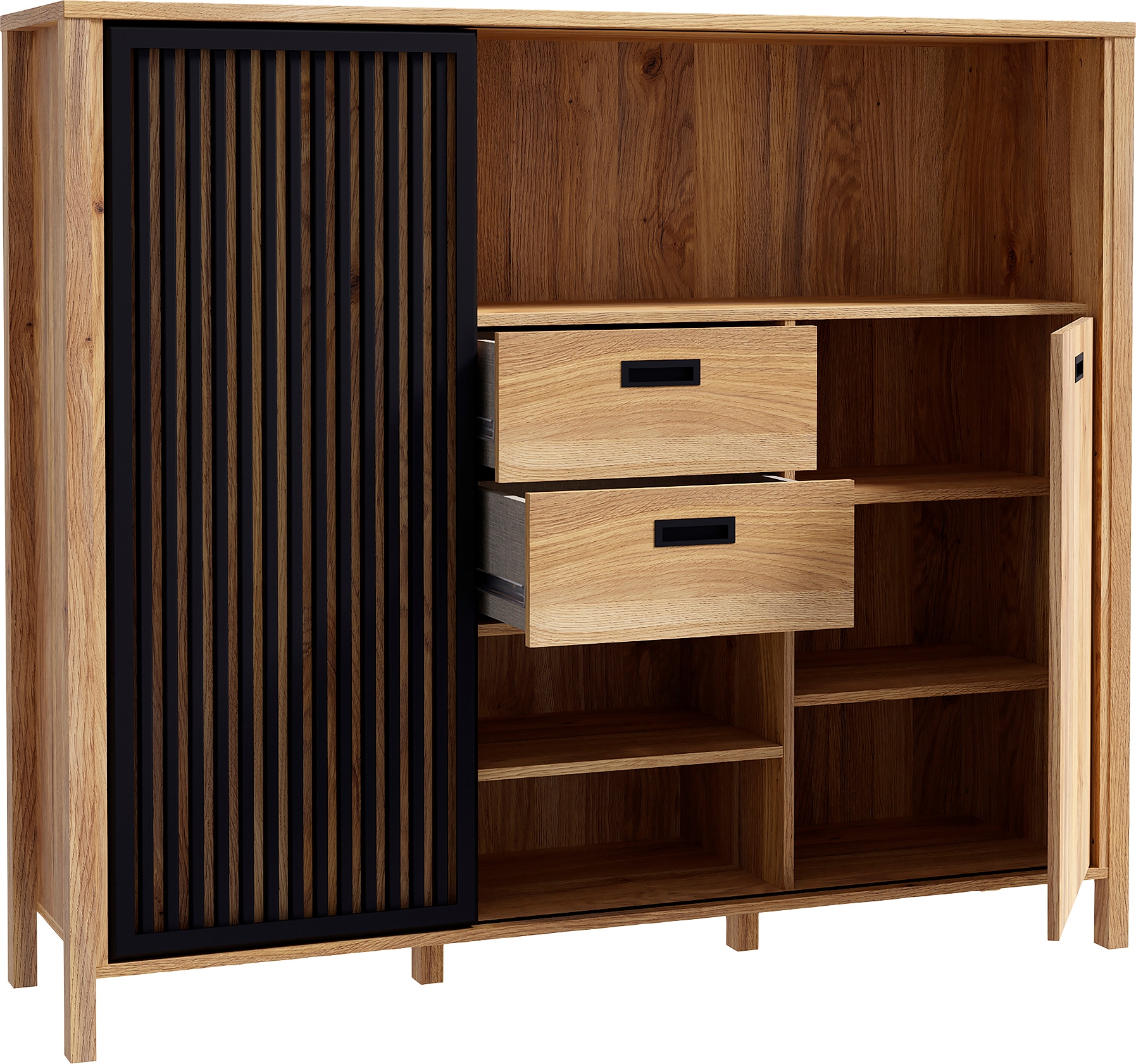 FORTE Highboard »Jytana«, Breite 149,9 cm, Schiebetüre mit Lamellenoptik, Mauvella Eiche/Schwarz