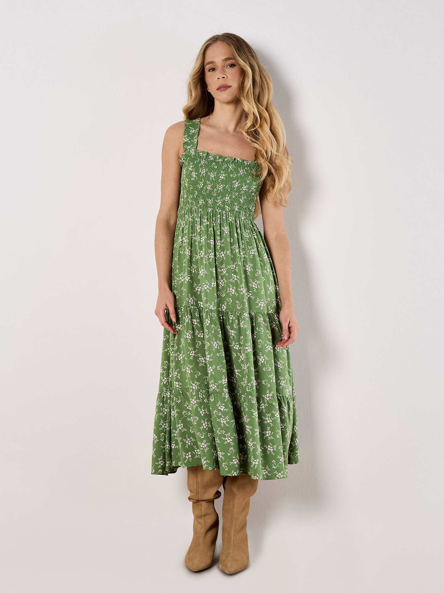Apricot Midikleid "Gestuftes Kleid mit Orchideenprint" mit Smokdetails