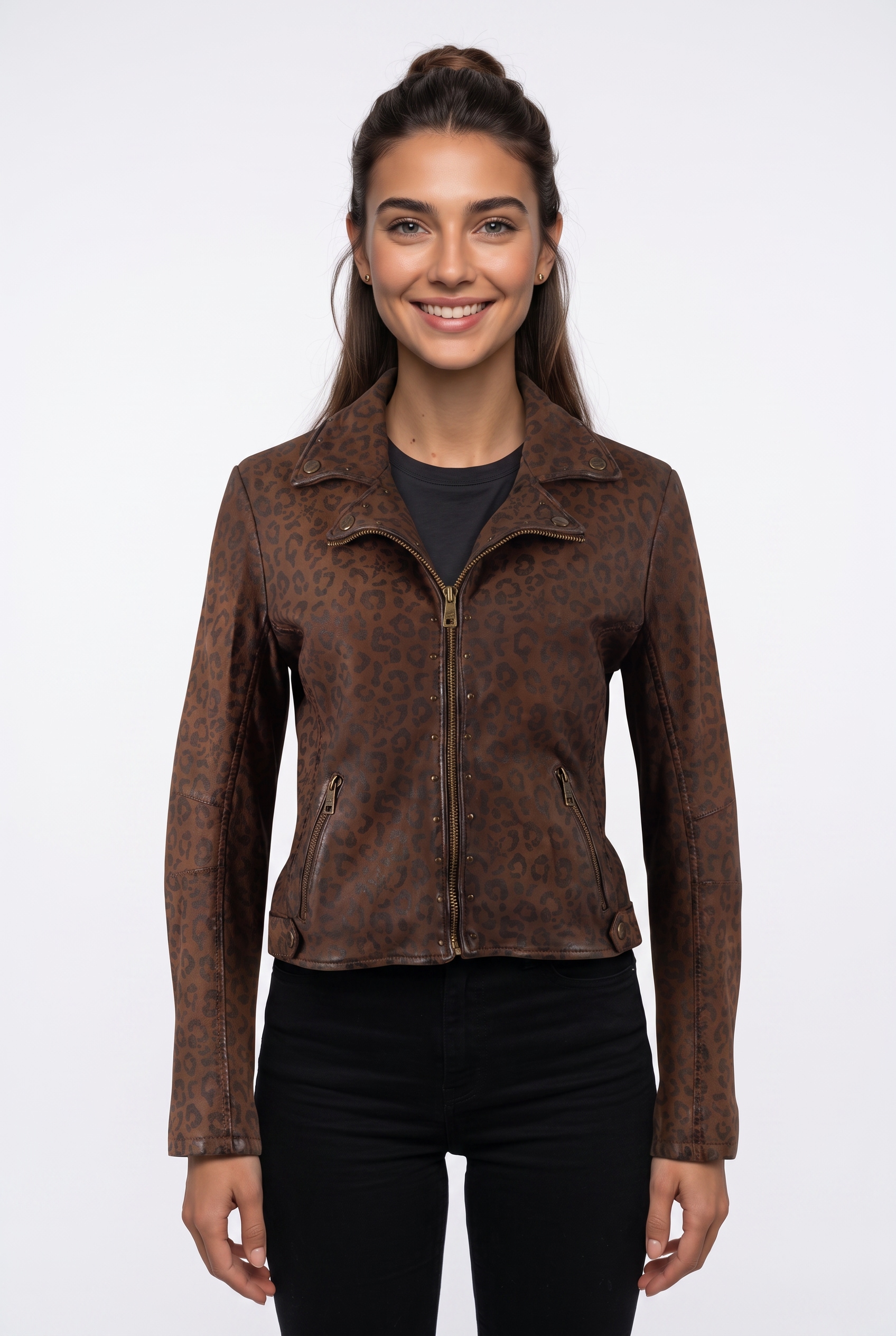 Mauritius Lederjacke "MWNyxa" mit dekorativem Nietenbesatz, Leo-Print