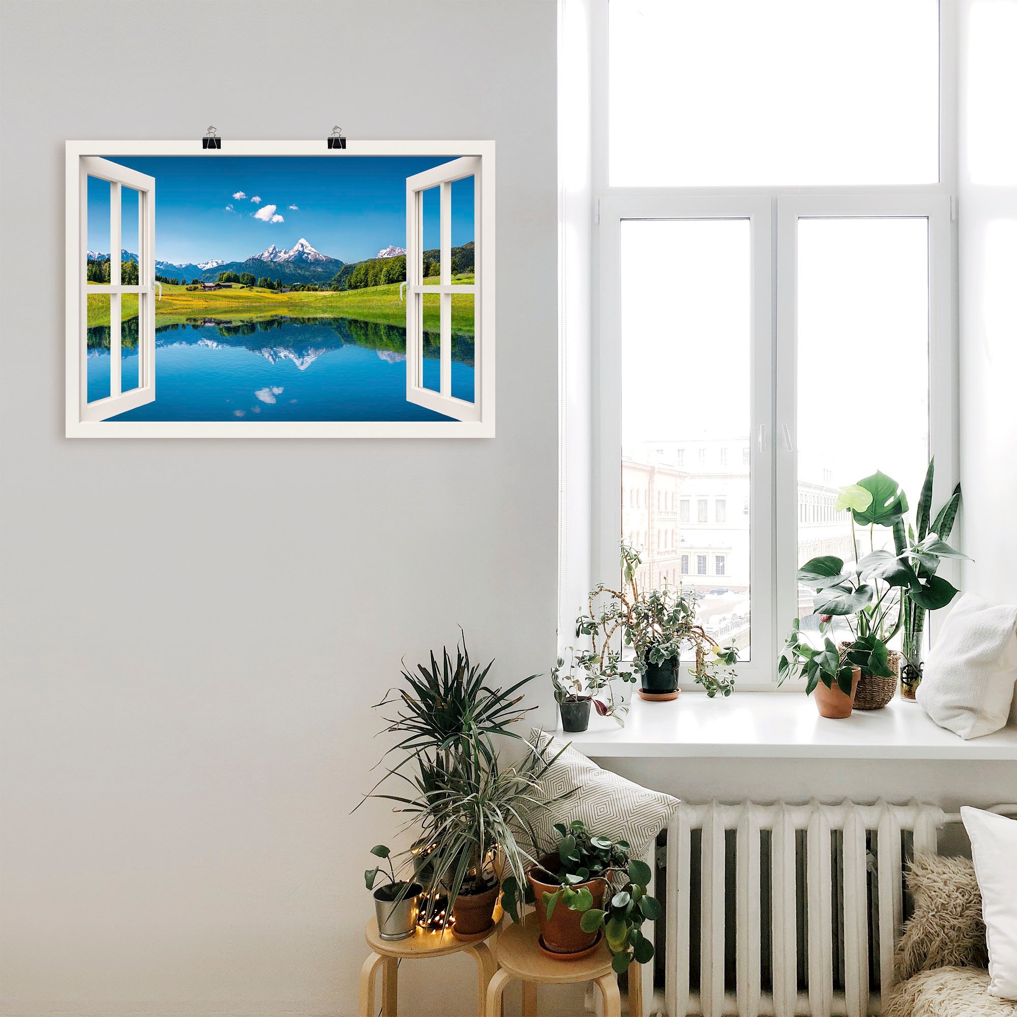 Artland Wandbild »Fensterblick Alpen und Bergsee«, Berge, (1 St.), als Leinwandbild, Poster, Wandaufkleber in verschied. Größen