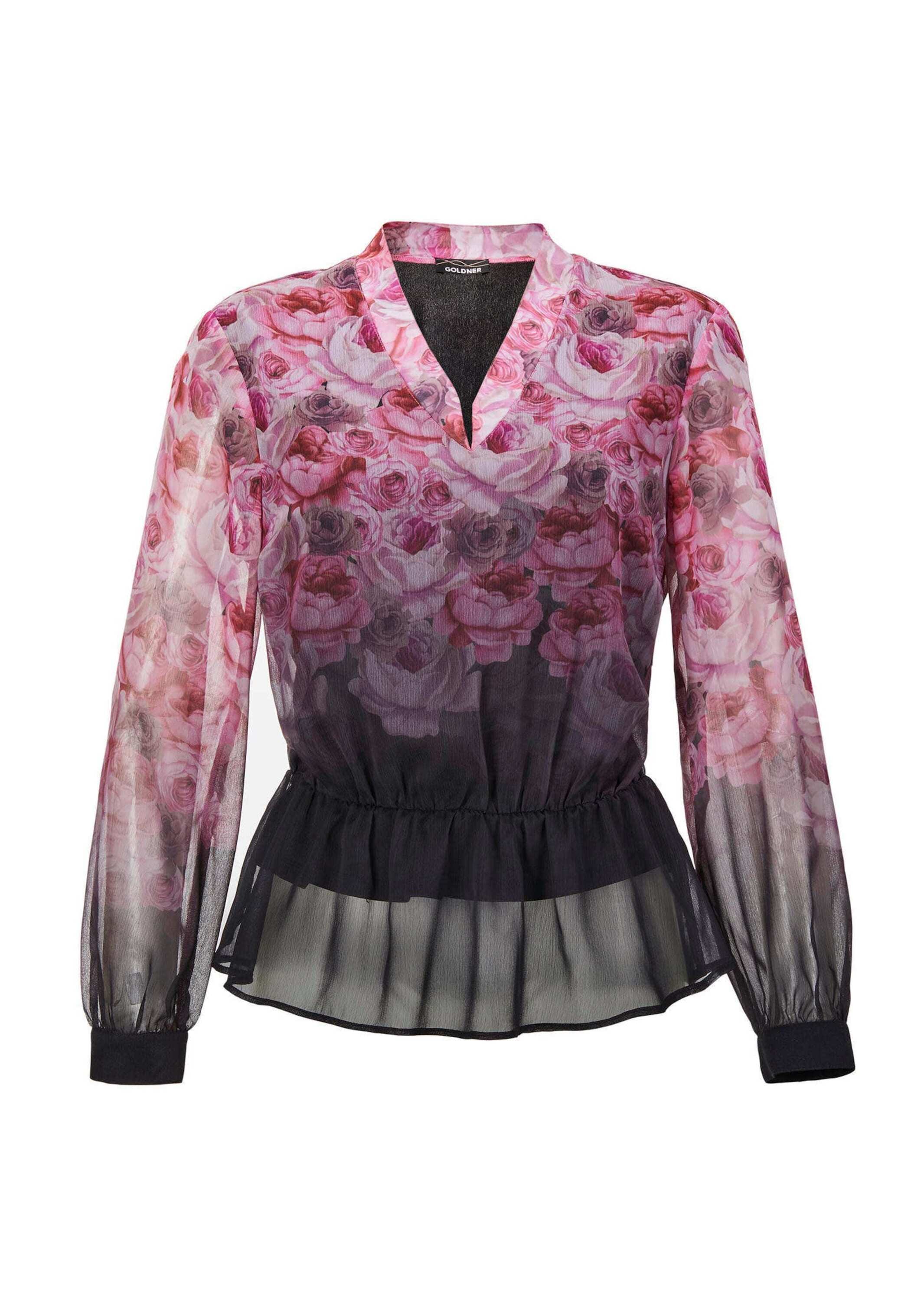 GOLDNER Satinbluse "Kurzgröße Florale Printbluse mit V-Ausschnitt" Manschet günstig online kaufen