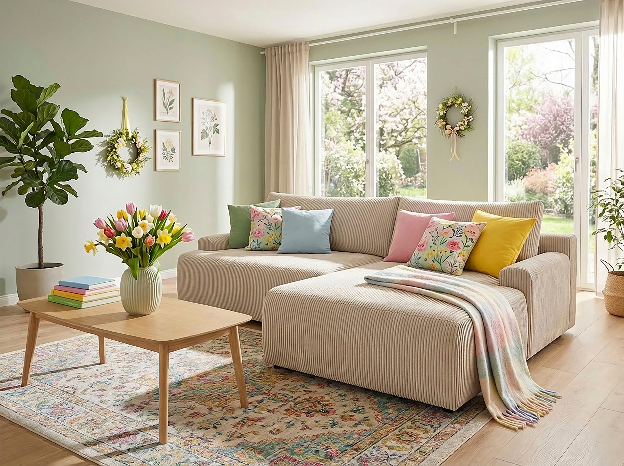 TRENDMANUFAKTUR Ecksofa "Prag, Schlafsofa mit Bettkasten, Couch in L-Form, Breite 253 cm" in Cordstoff HYPER, cream, Recamiere rechts