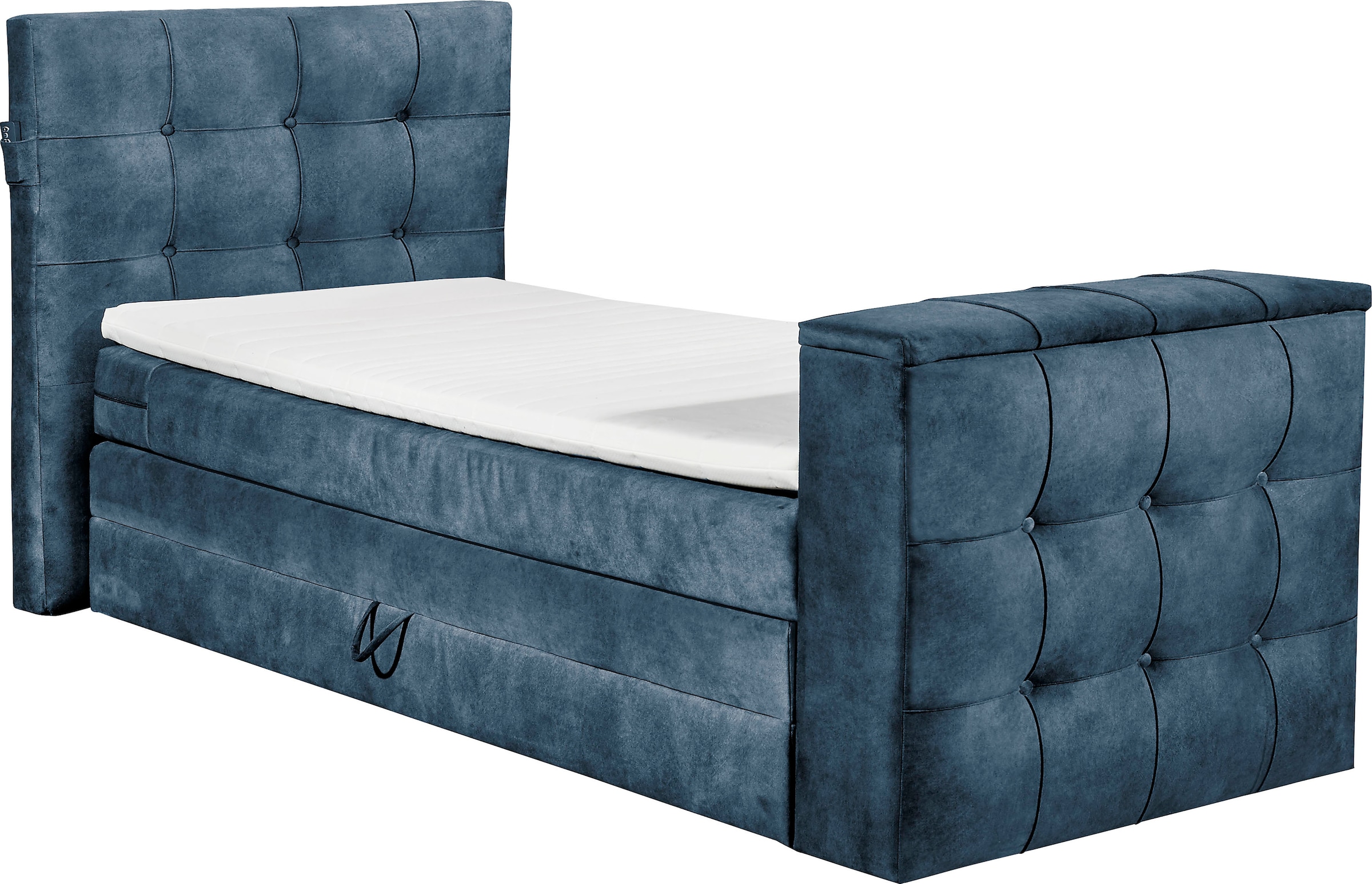 Boxspringbett, B:134cm L:243cm, blau, SET ONE BY MUSTERRING, Komplettbetten, "Richmond", versenkbarer TV- Halterung mit Fernbedienung