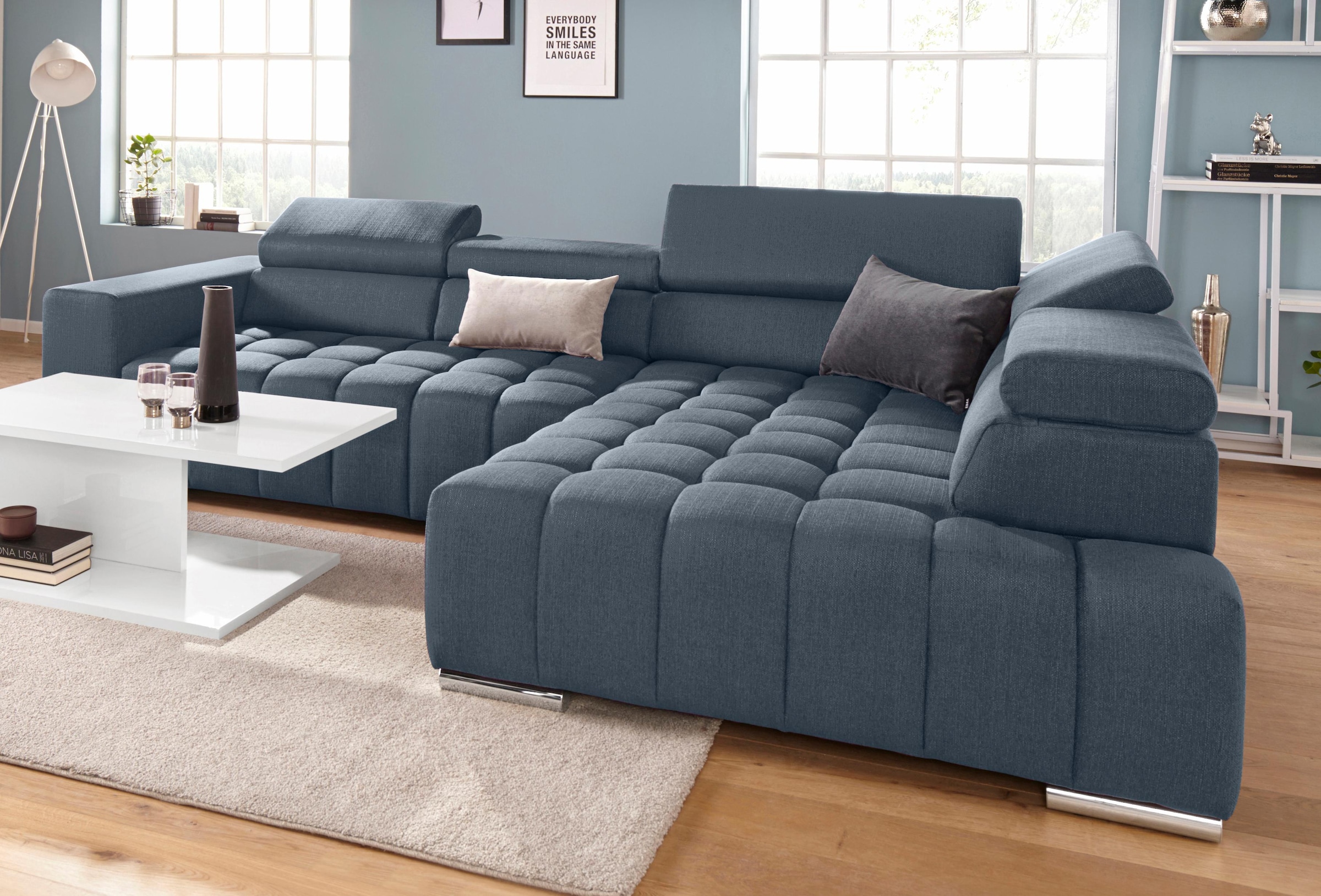 exxpo - sofa fashion Ecksofa "Elias, aktuelle Kreuzsteppung im Sitz, bequem, Breite 307cm, L-Form" mit Kopf- bzw. Rückenverstellung, wahlweise mit Bettfunktion