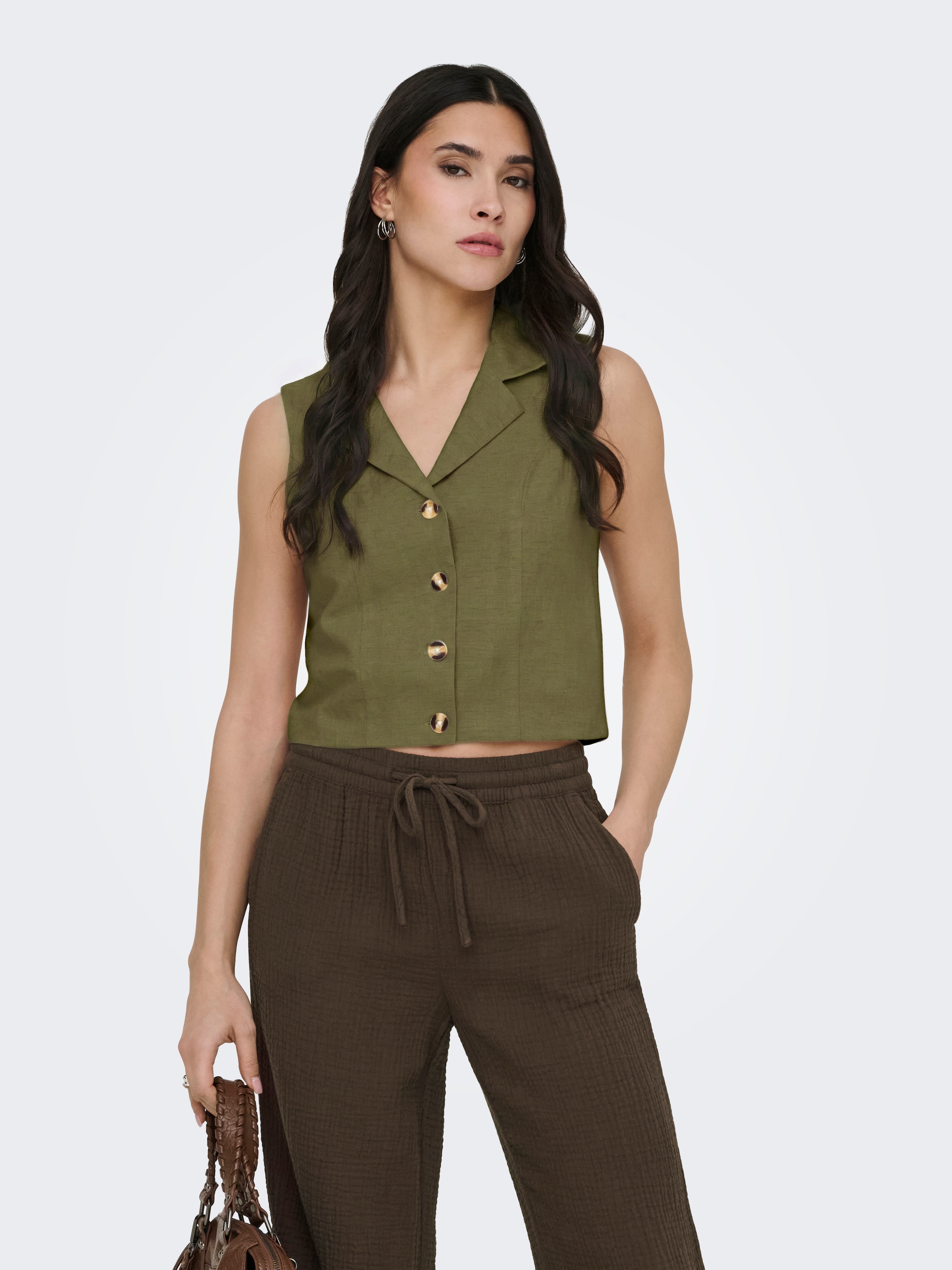 Anzugweste JDY "JDYMILAN LINEN S/L WAISTCOAT TLR", Damen, Gr. L, olive drab, Web, Obermaterial: 45% Baumwolle, 35% Viskose, 20% Leinen, unifarben, taillenbedeckt, V-Ausschnitt, Westen Anzugweste, mit Leinen