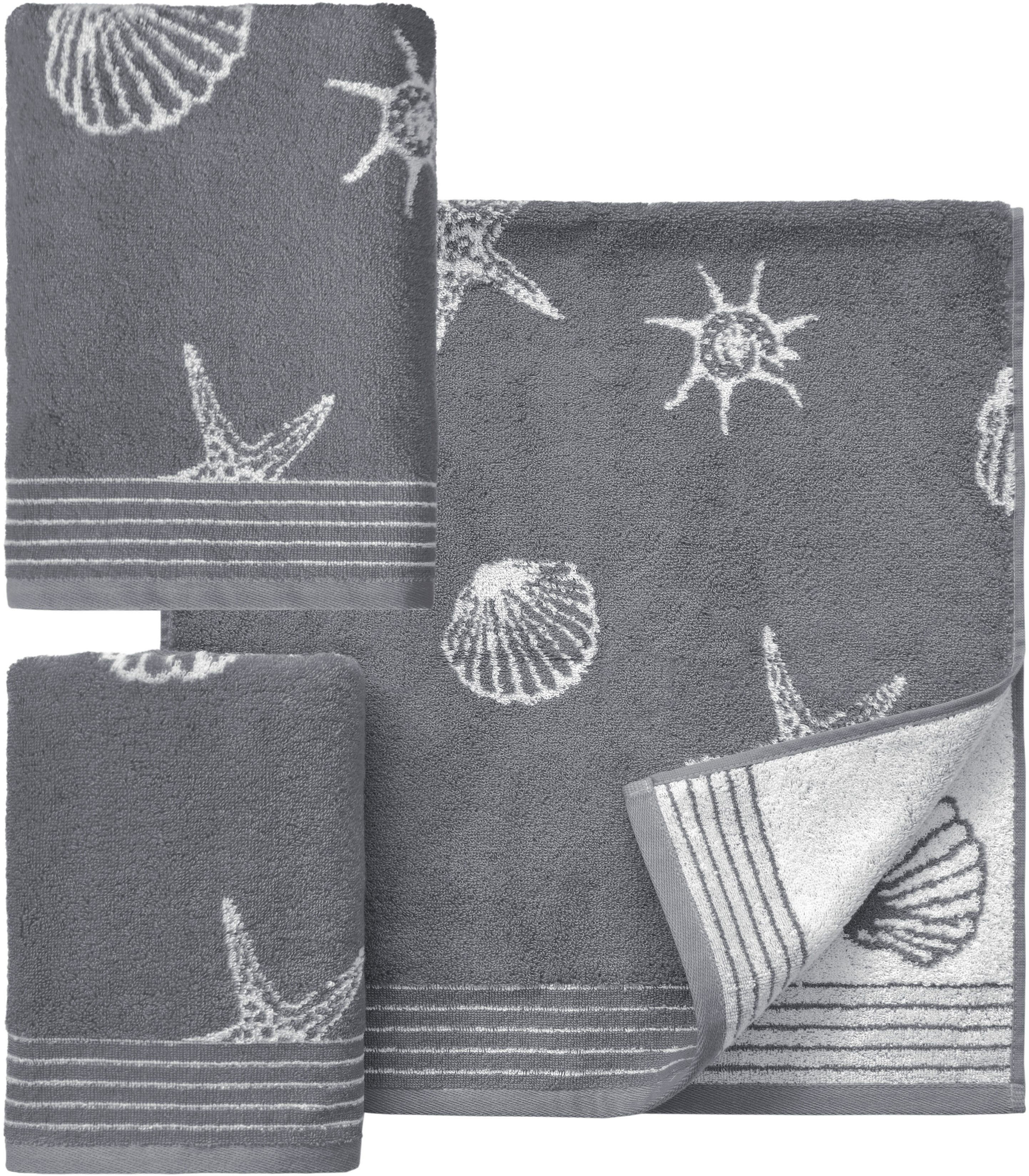 Handtuch Set DYCKHOFF, grau, Walkfrottee, Obermaterial: 100% Baumwolle, Handtuch-Sets, "Seashell", mit Muschelmuster; 2 Handtücher (50x100cm), 1