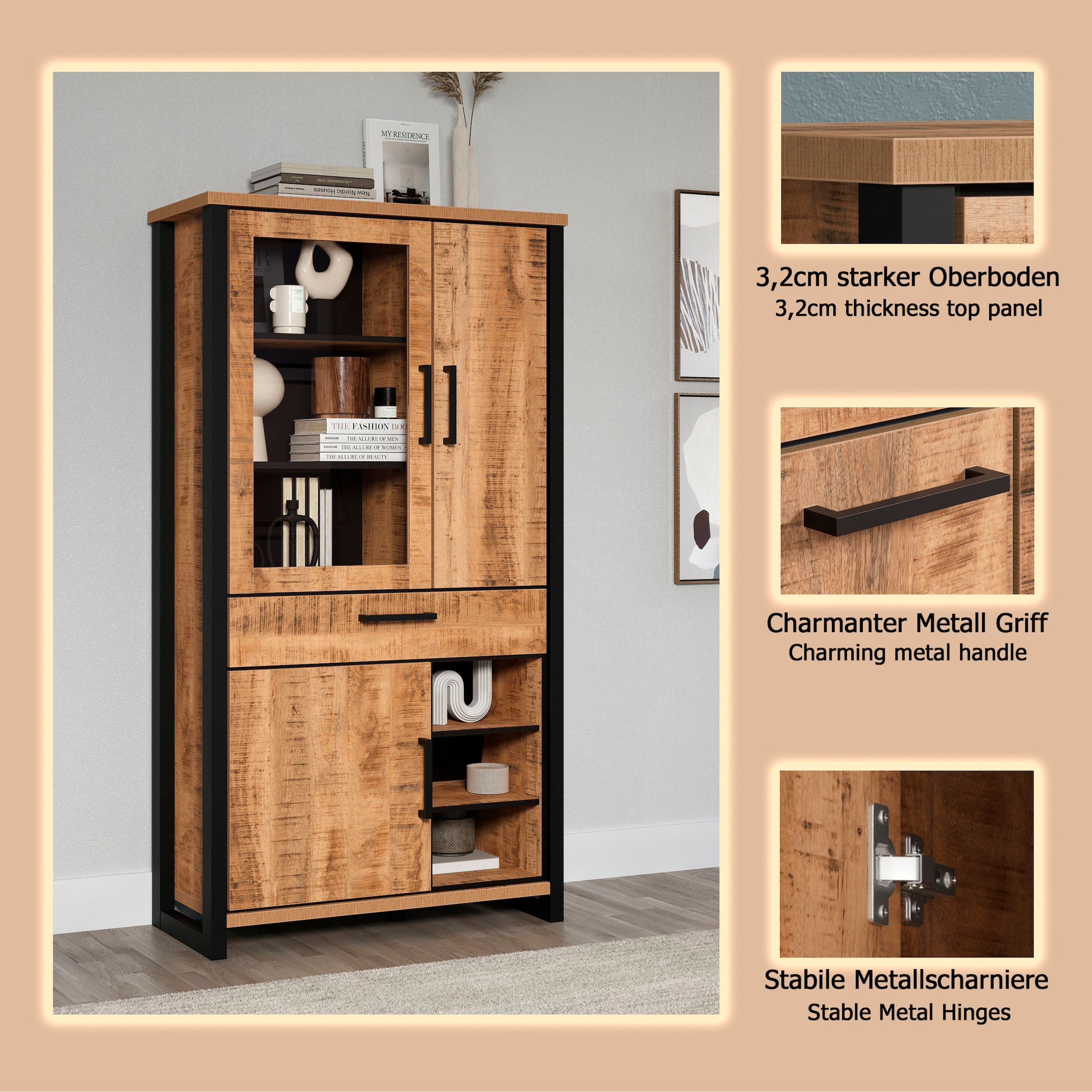 Home affaire Vitrine »Elda« 1 Stk. tlg. Vitrine mit 3 Türen & 1 Vollauszug Schublade - (B/T/H) 106/45/195 cm