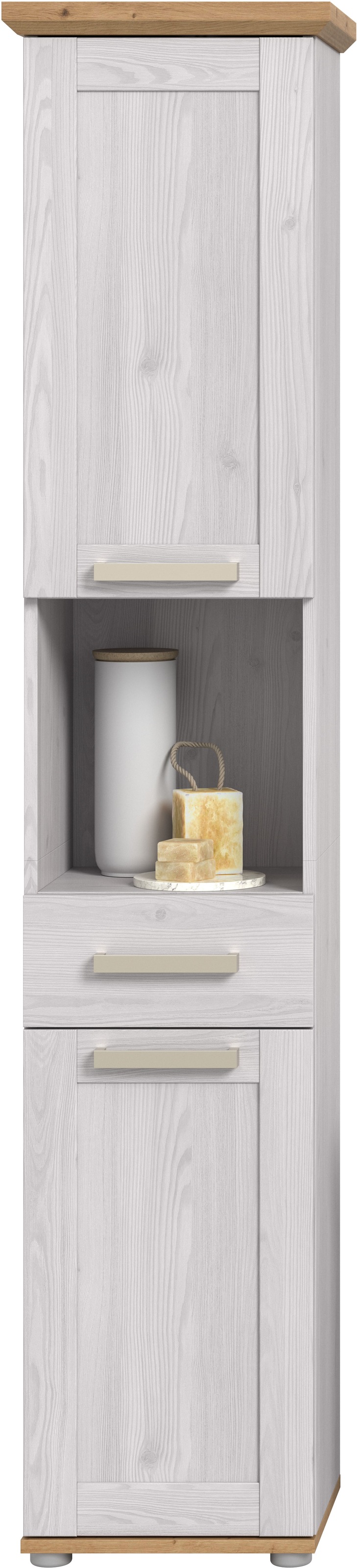 welltime Hochschrank »COSENZA, Höhe 187cm, 2 Türen, 1 Schubkasten, 1 offenes Fach« in Landhausoptik, mit weiteren Artikel der Serie kombinierbar, 1 Stk. tlg. Hochschrank, Bad, Badezimmerschrank