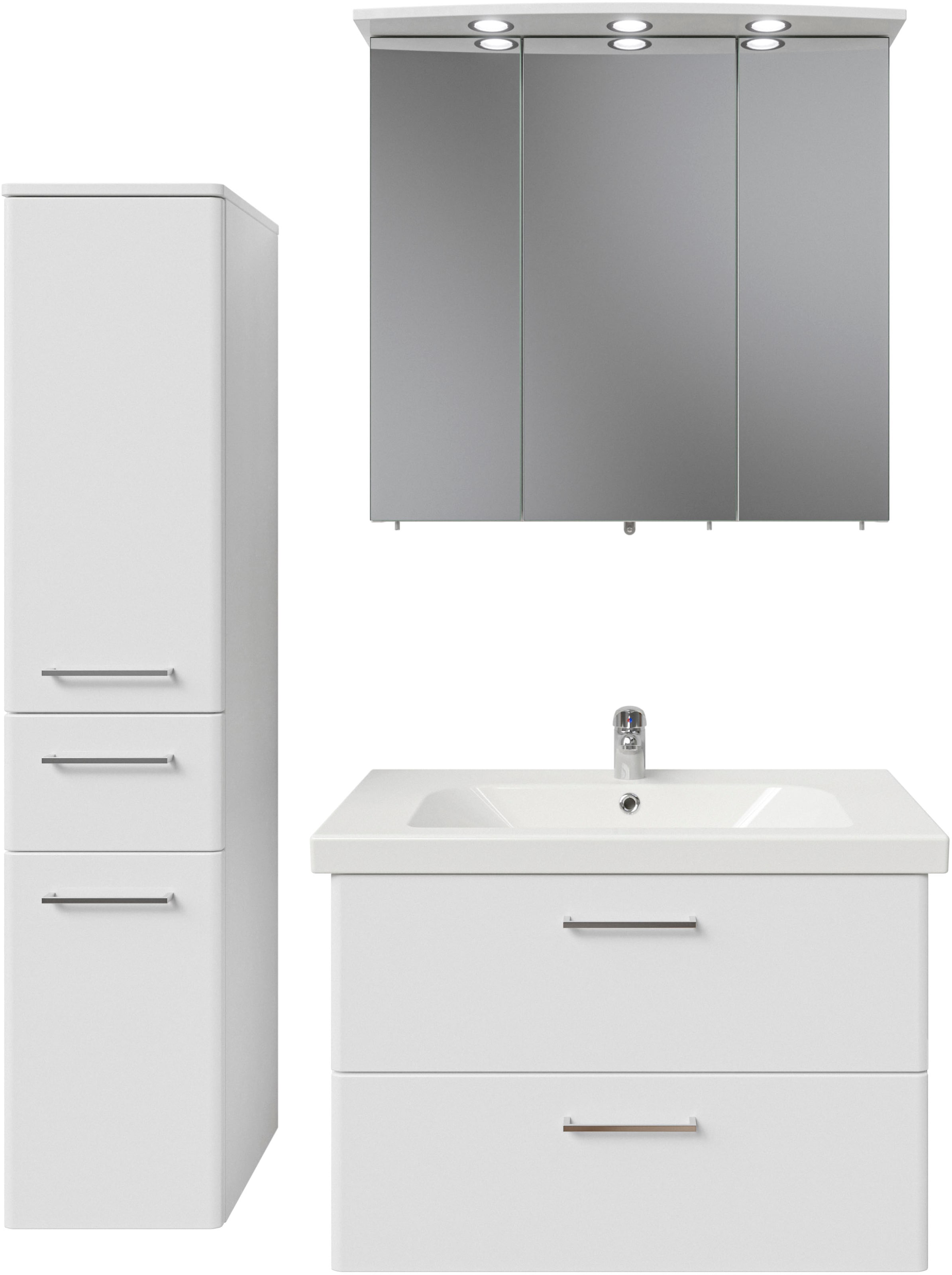 Saphir Badmöbel-Set »Quickset 316 3-teilig, Keramikwaschtisch mit LED-Spiegelschrank«, (4 St.), mit Midischrank, 5 Türen, 2 Schubladen, 1 Klappe, inkl. Türdämpfer