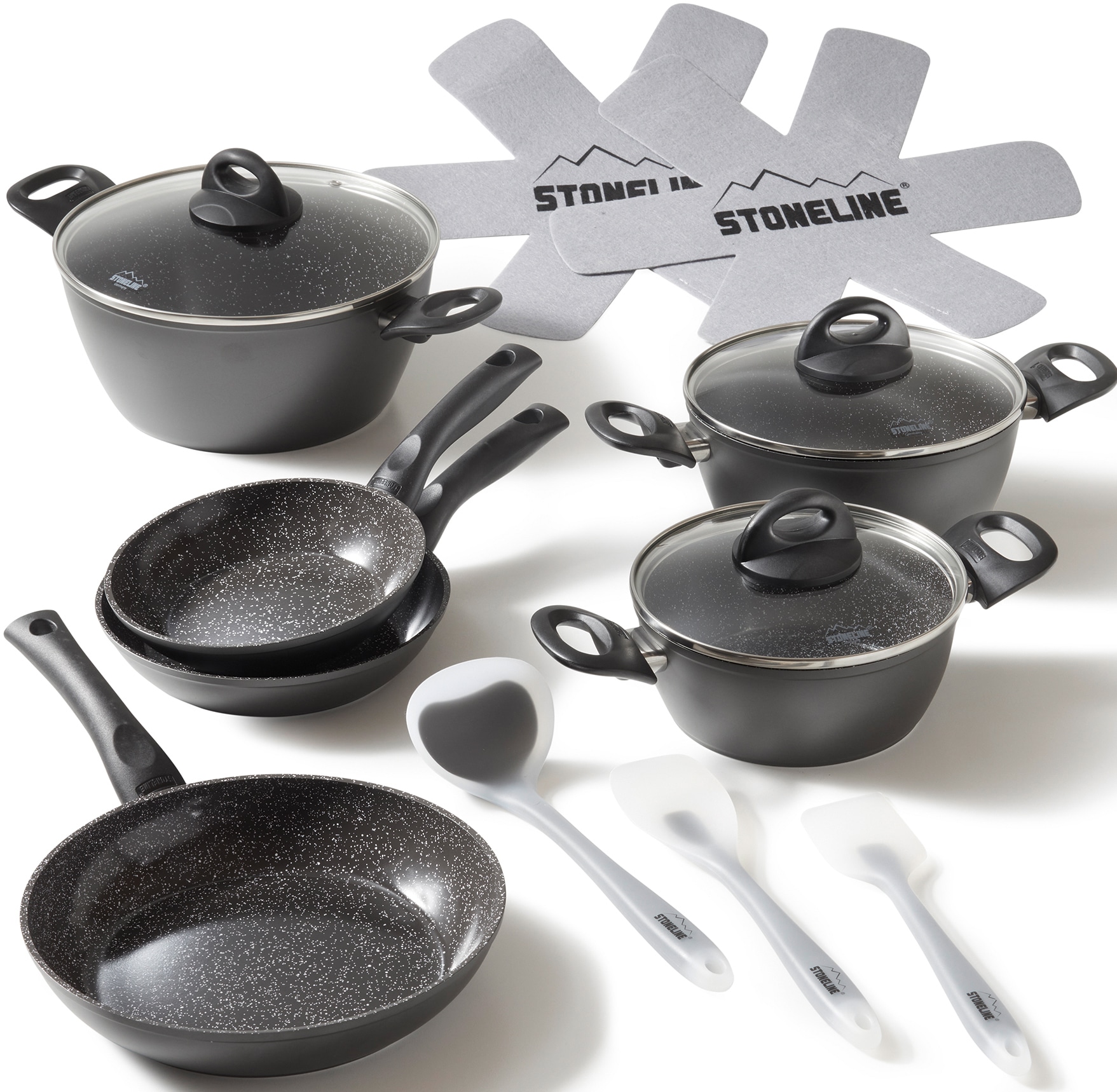 STONELINE Topf-Set, Aluminium, (Set, 14 tlg., Bratentopf 22 cm, je 1 Kochtopf 18/20 cm, je 1 Bratpfanne 16/20/24 cm), Ke