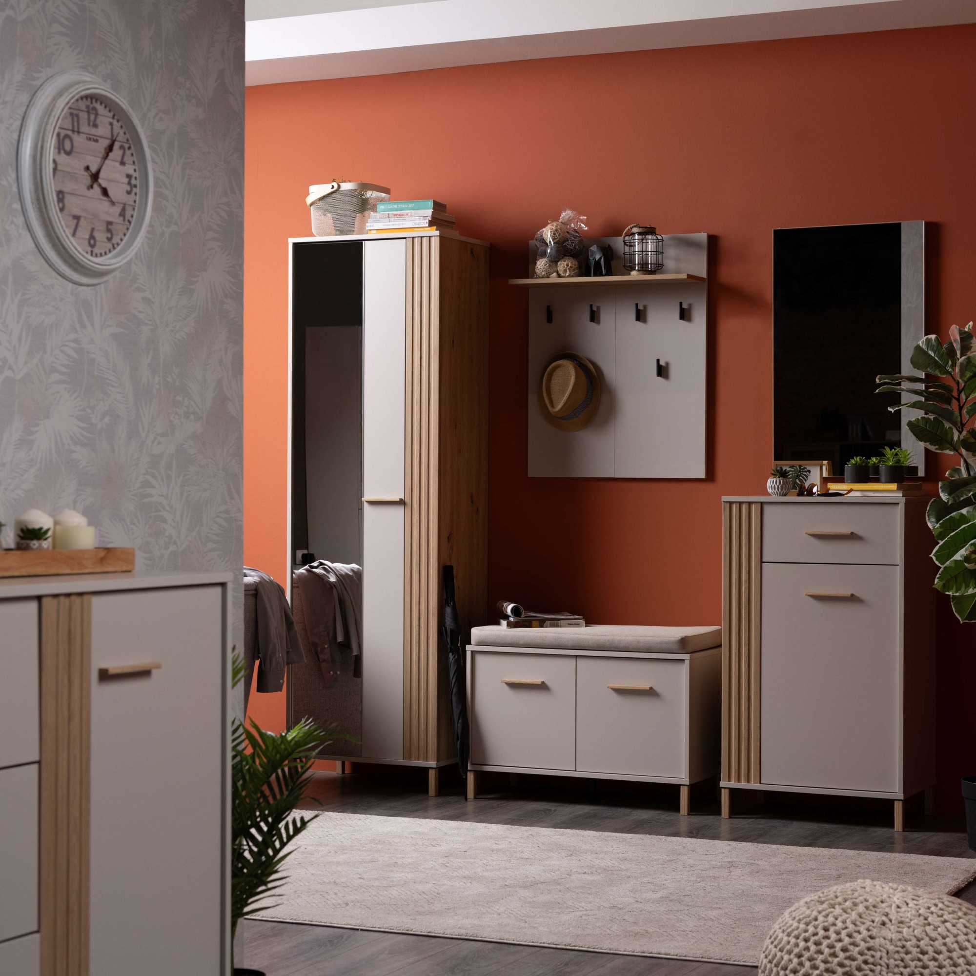 Home affaire Garderoben-Set »Belfort, Breite 199 cm, im Kaschmir und Artisan-Eichendekor«, (Set, 5 St.), inkl. 2 Schränke, Sitzbank, Spiegel und Garderobenpaneel