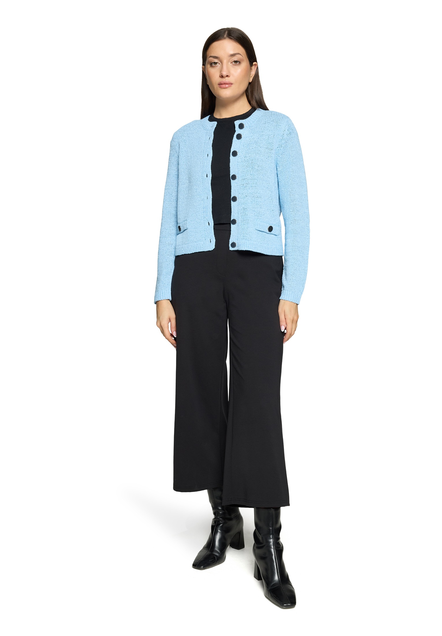 Strickjacke BETTY BARCLAY "Damen mit aufgesetzten Taschen", Damen, Gr. 46, powder blau, Strick, Obermaterial: 65% Polyacryl, 35% Polyamid, Basic, gerade normal, Rundhals, Strickjacken Strickjacke 5