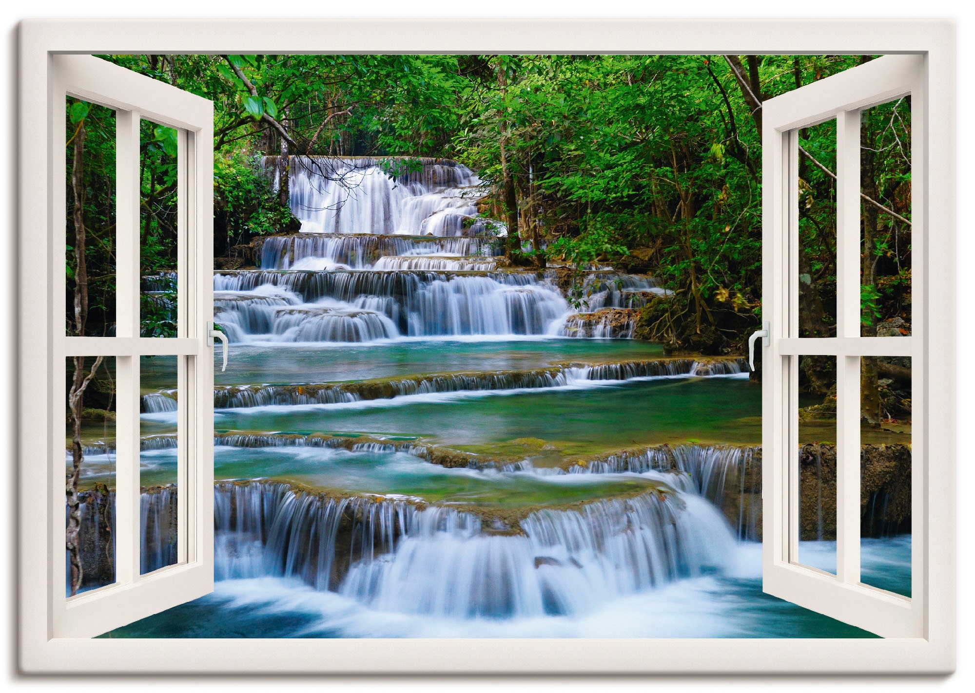 Artland Leinwandbild "Fensterblick Wasserfall in Kanchanaburi" Fensterblick 1 Stk. tlg. auf Holzrahmen gespannt