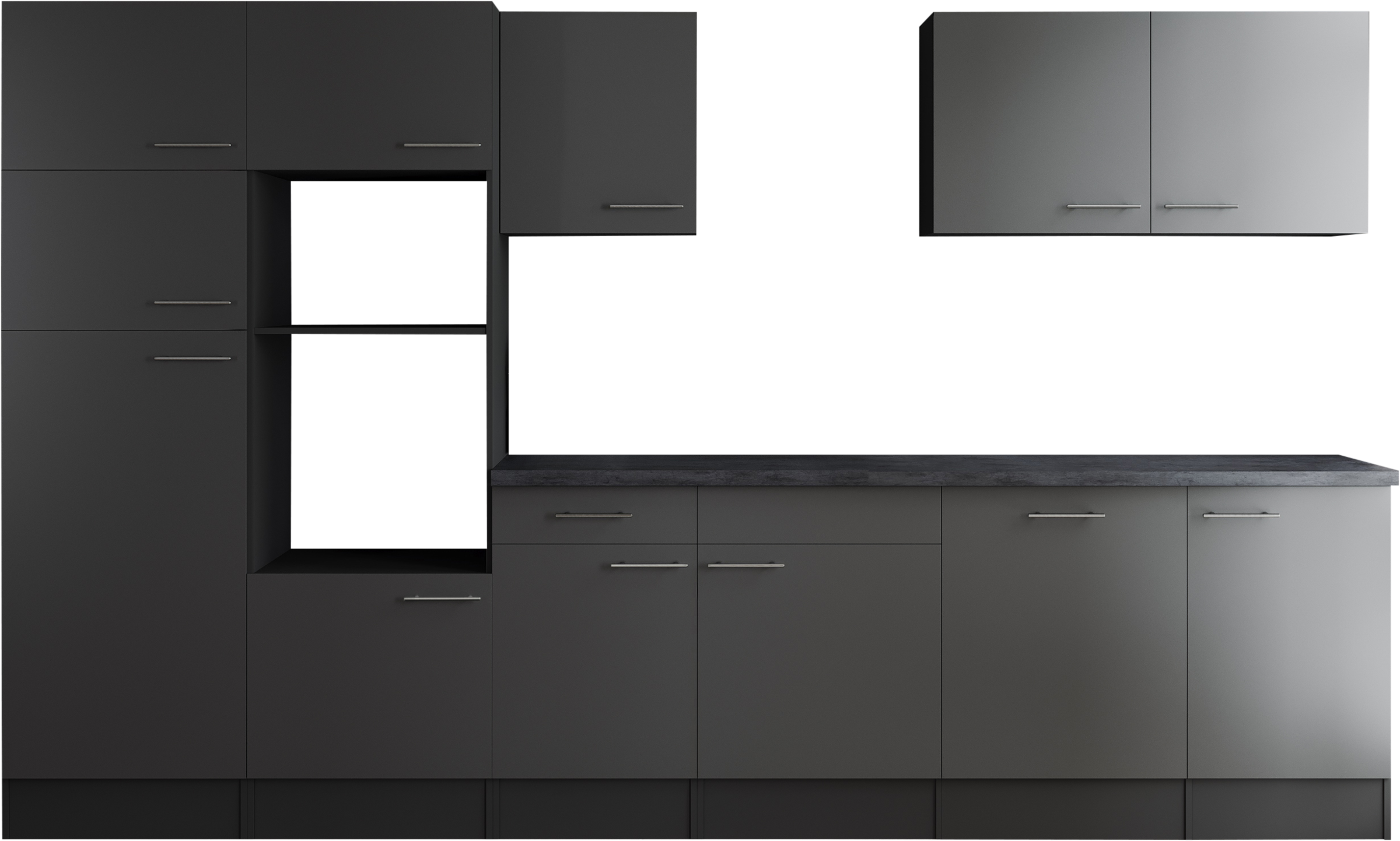 Küchenzeile RESPEKTA, B:340cm H:205cm T:60cmküche: grau, front: grau, korpus: grau matt, arbeitsplatte: granit optik, Komplettküchen-Sets, "Oliver",