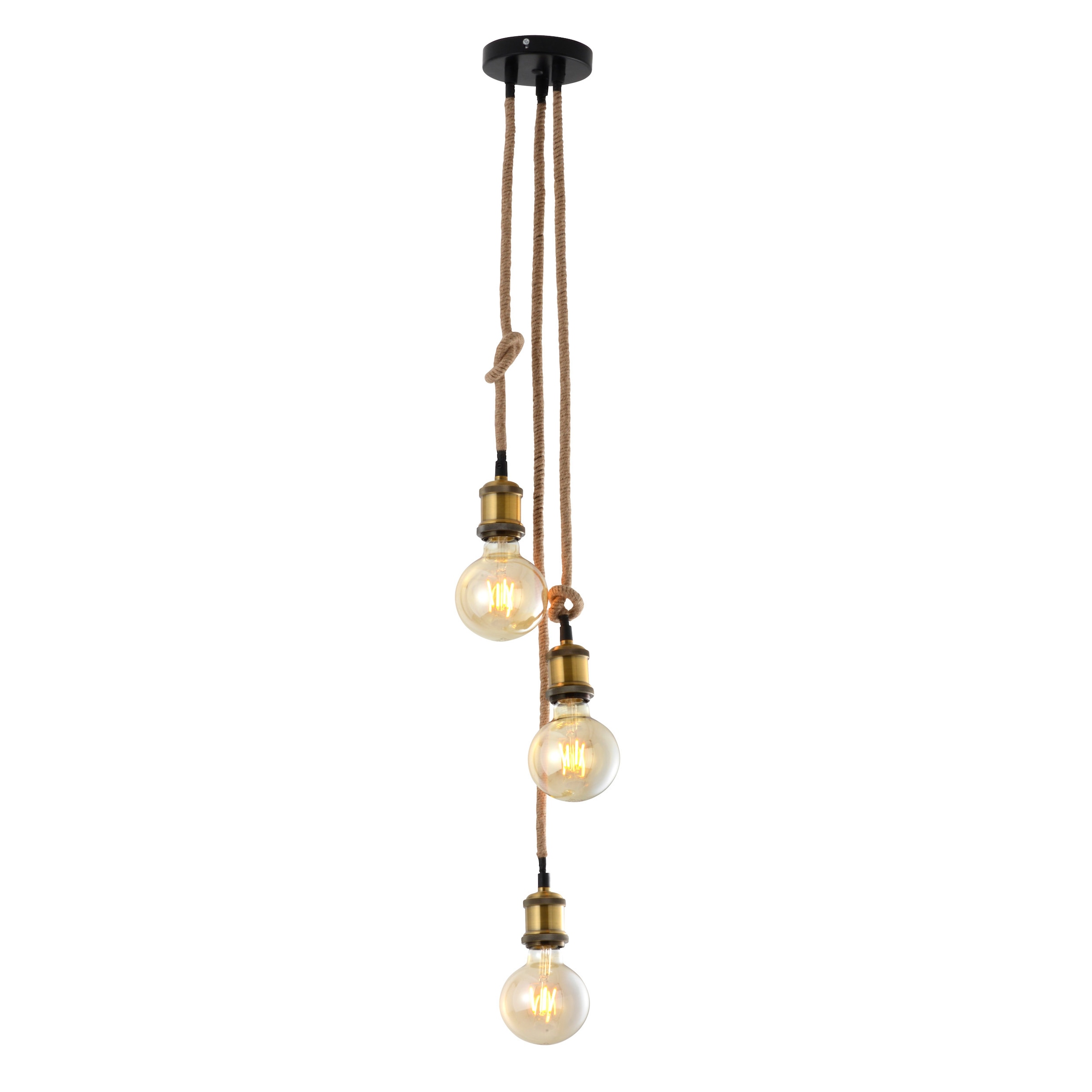 näve Pendelleuchte »Ontario« E27 1 Stk. 3er Metallbaldachin in altmessing/schwarz mit Hanfseil, E27, H: 85cm