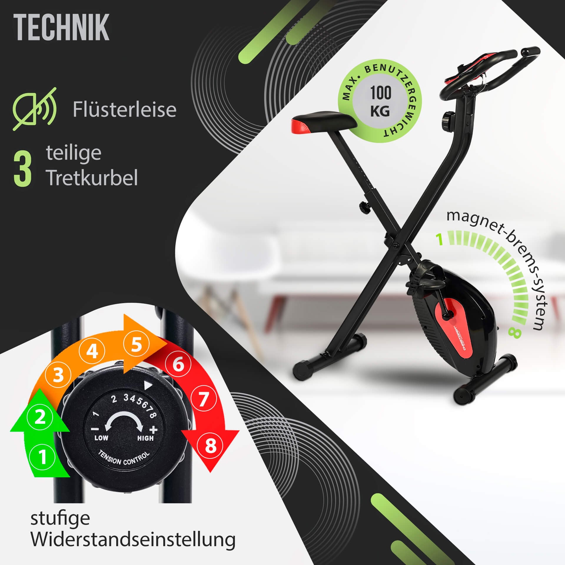 Christopeit Sport® Heimtrainer »X-Bike«, (3-teilige Pedalarmkurbel), Schwungmasse ca. 5 kg, 8 Widerstandsstufen