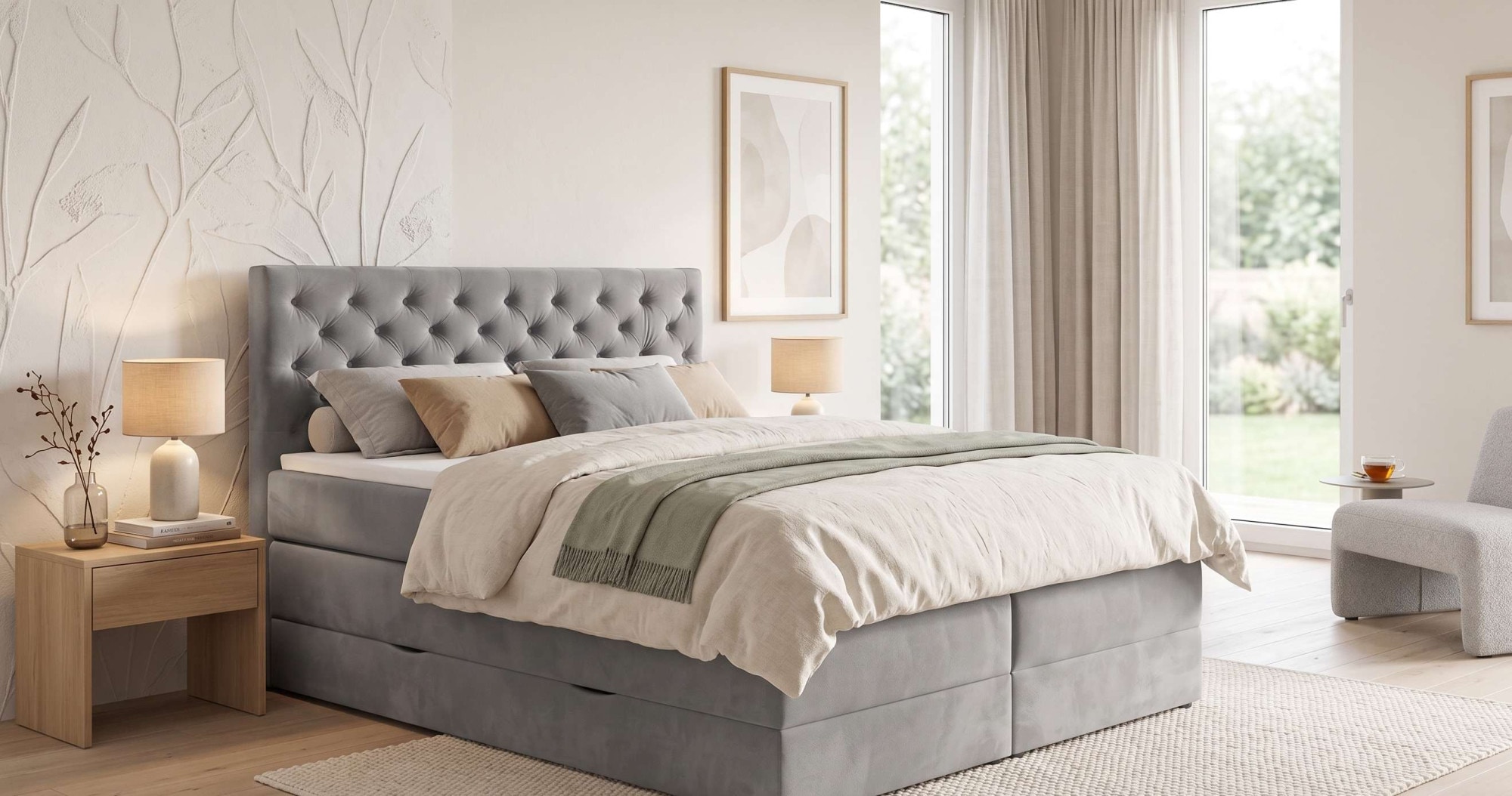 Home affaire Boxspringbett »SELJORD mit Bettkasten, Matratze und Topper, Breite 160 oder 180 cm« Bonnell- oder Taschenfederkernmatratze (H2, H3, H4), mit Knopfheftung