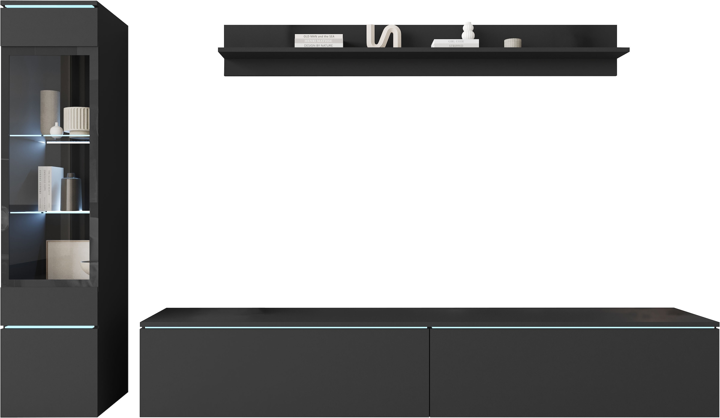 INOSIGN Wohnwand »VERA I, Vitrinen Türanschlag links/rechts wechselbar«, (Komplett-Set, 3 St.), Mediawand 230 cm, Vitrine mit Verglasung, stehend und hängend
