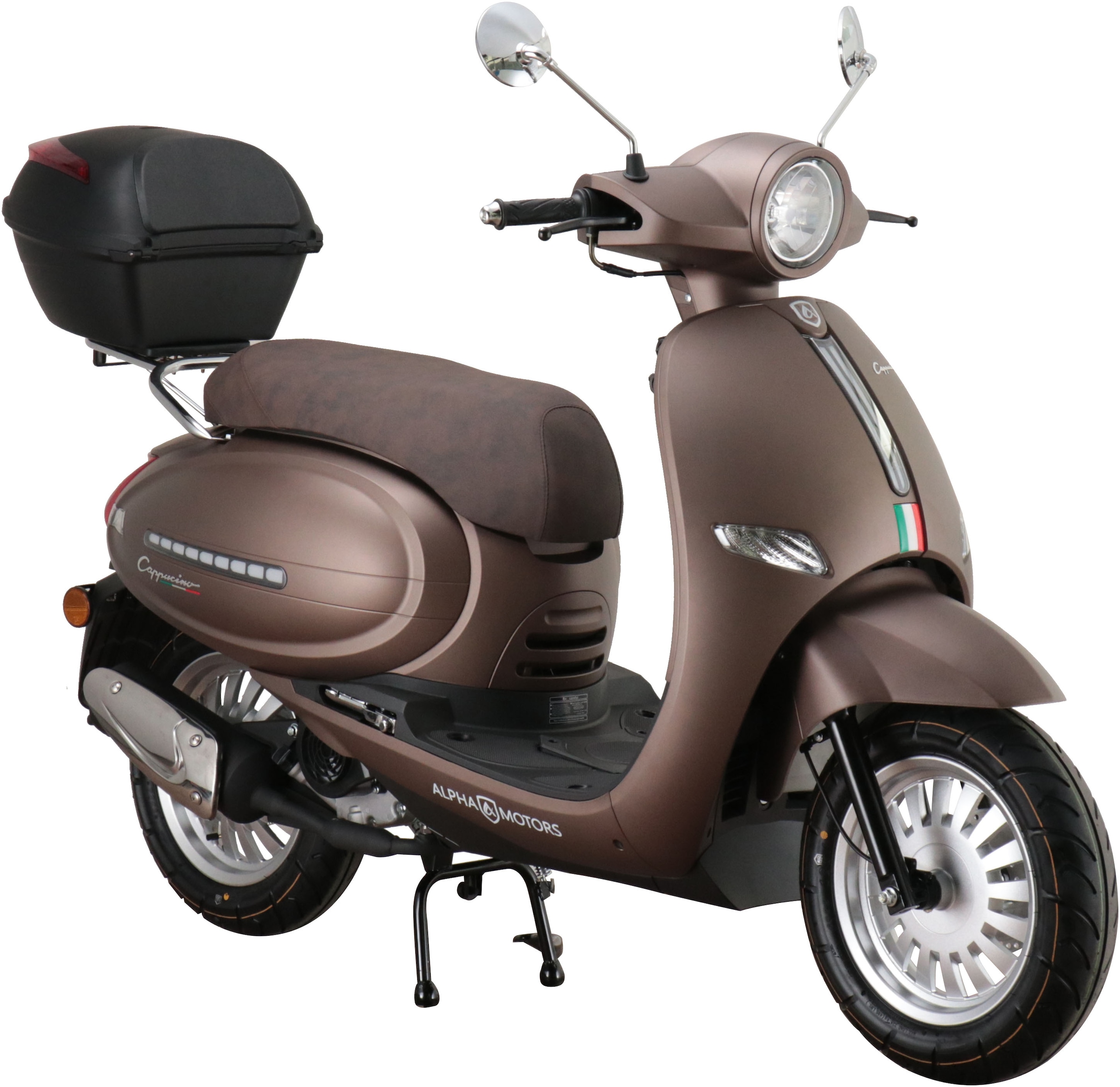 Alpha Motors Mofaroller "Cappucino 50 ccm 25 km/h EURO 5 mattbraun inkl. Topcase", 50 cm³, 25 km/h, Euro 5, 2,72 PS, (mi