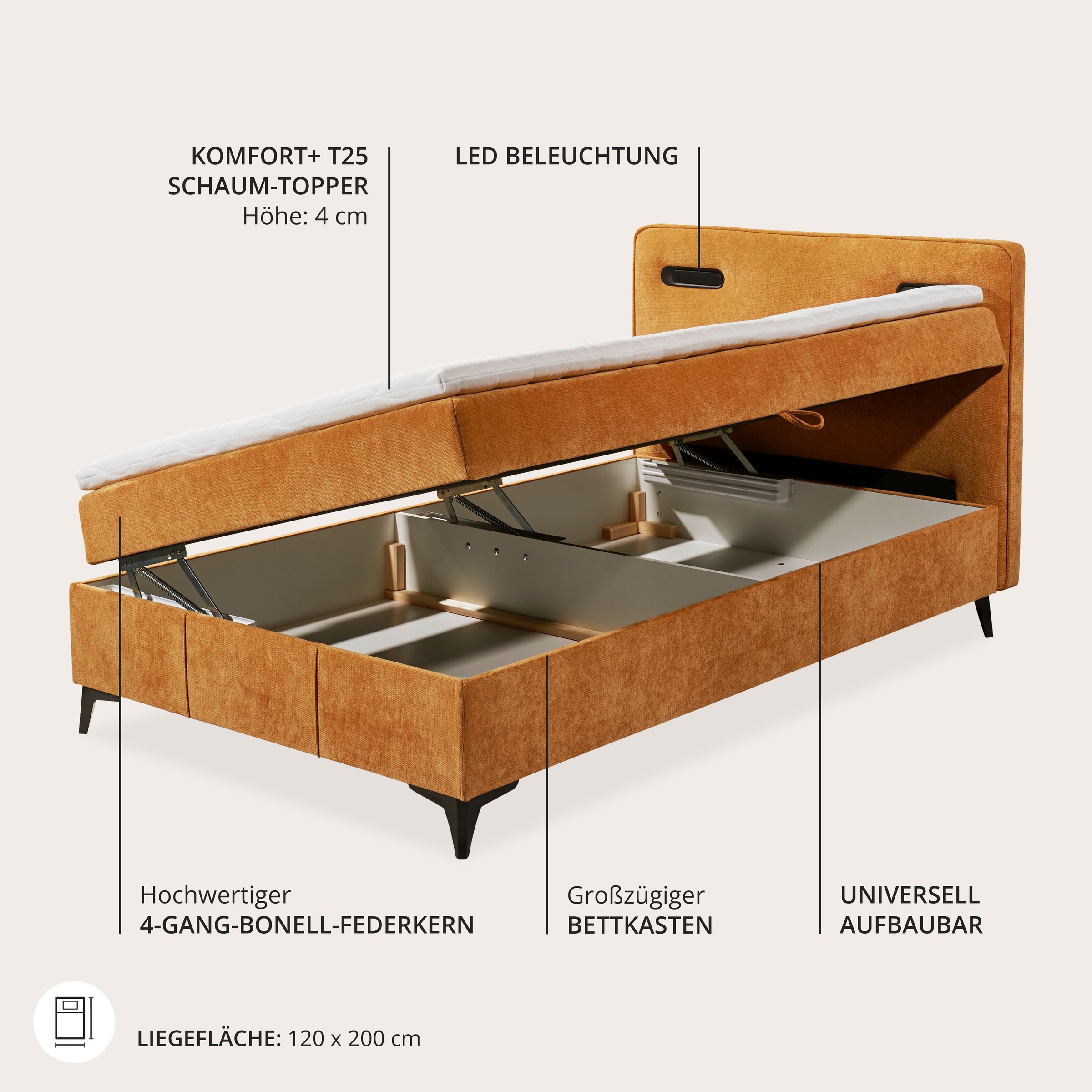 ED EXCITING DESIGN Boxbett »Altea 120x200 mit LED und Bettkasten« inkl. 4 cm Topper, H3, Bettkasten und LED-Beleuchtung