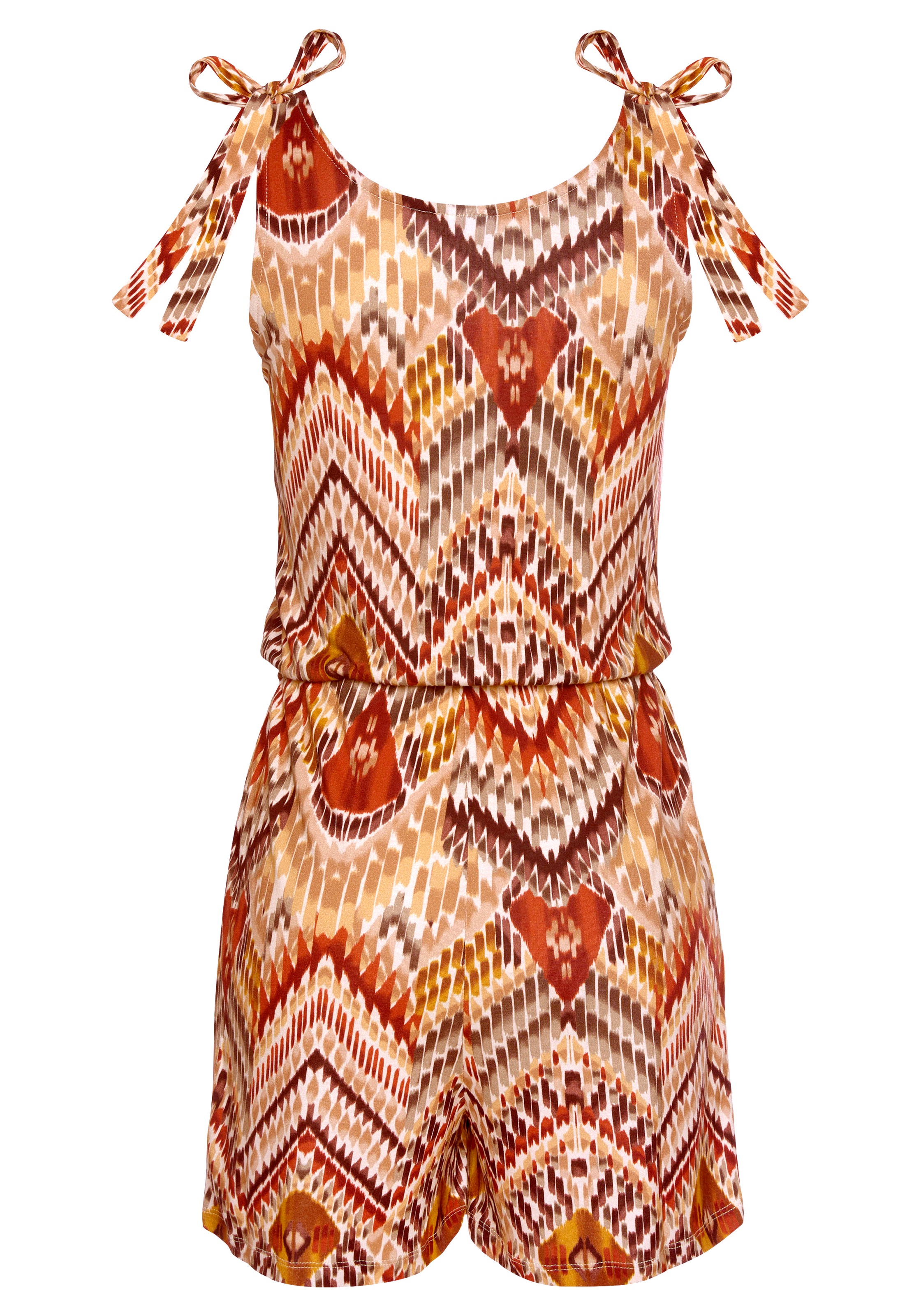 Kurzoverall LASCANA, Damen, Gr. 44, N-Gr, braun (braun, bedruckt), Jersey, Obermaterial: 100% Viskose, bedruckt, ethno, figurumspielend kurz, Rundhals, Overalls Kurzoverall, mit Ethnoprint und Taschen, sommerlicher Jumpsuit 3