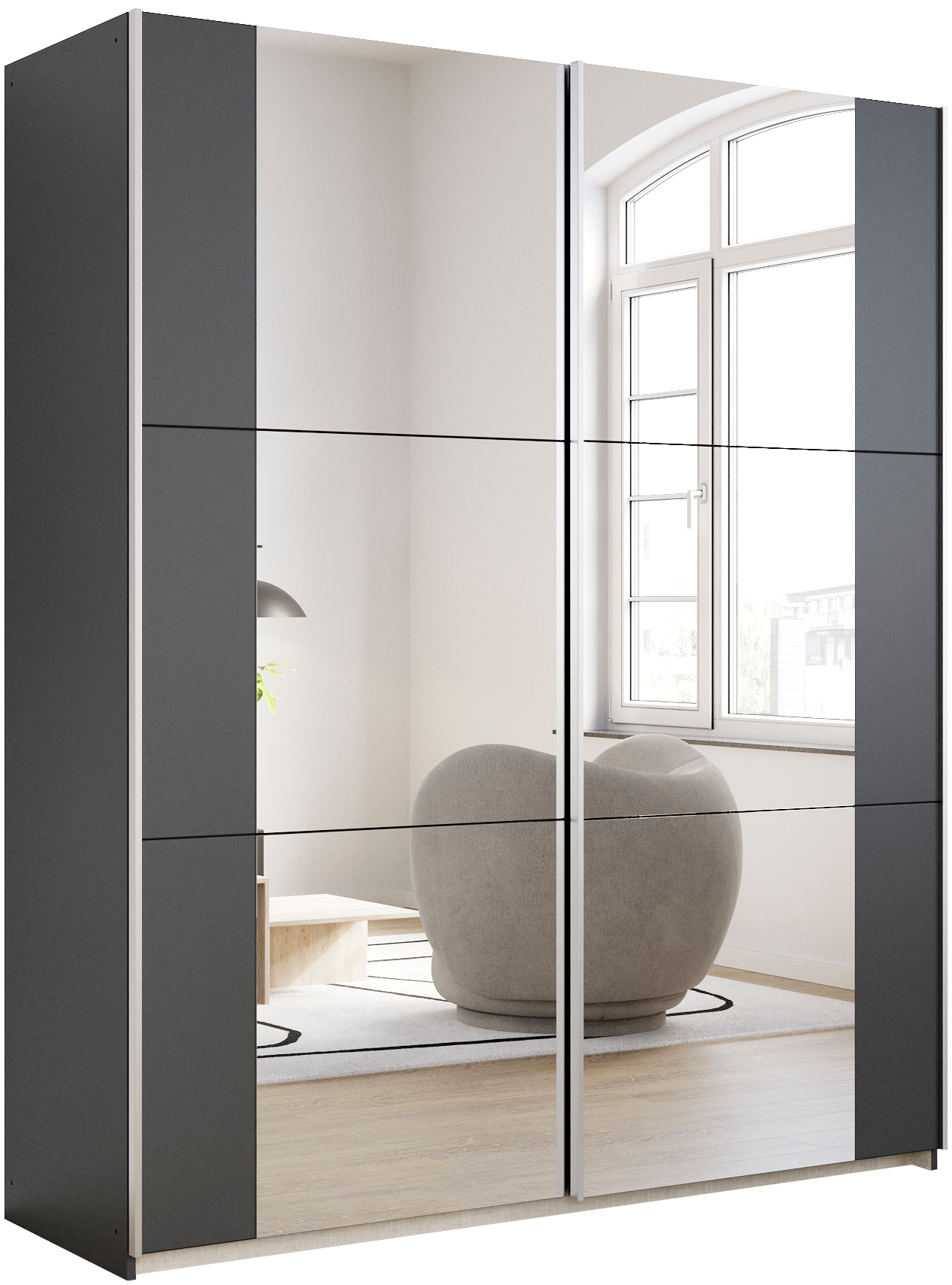 rauch Schwebetürenschrank "Kleiderschrank Drehtürenschrank Schrank Garderobe KRONACH" in 3 Ausstattungen BASIC/CLASSIC/PREMIUM, Breiten 131/175/218/261 cm, optional ohne, mit 1 oder 2 Spiegel, viel Stauraum MADE IN GERMANY