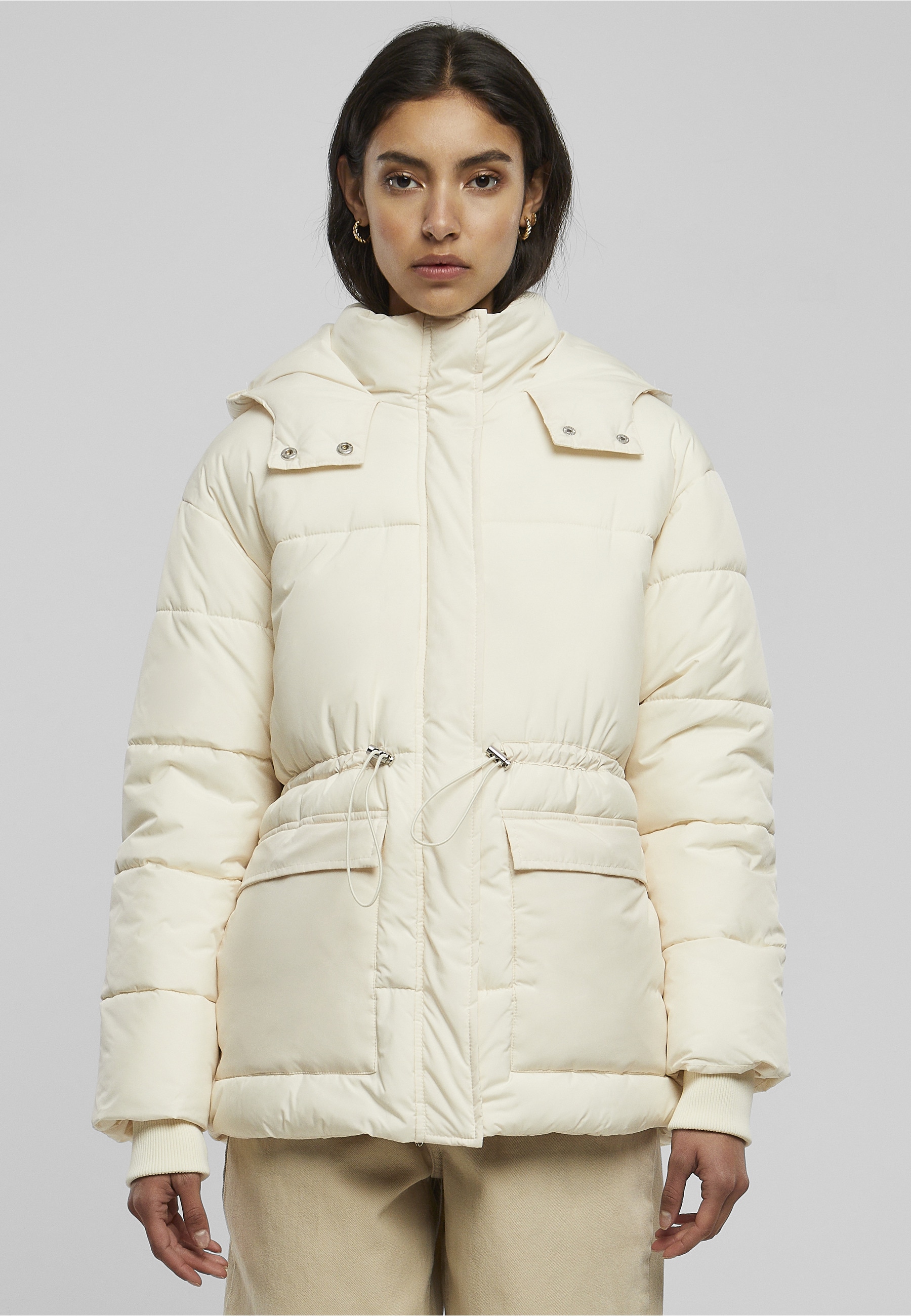 URBAN CLASSICS Winterjacke »Urban Classics Damen Ladies Waisted Puffer Jacket« 1 Stk. tlg. mit Kapuze