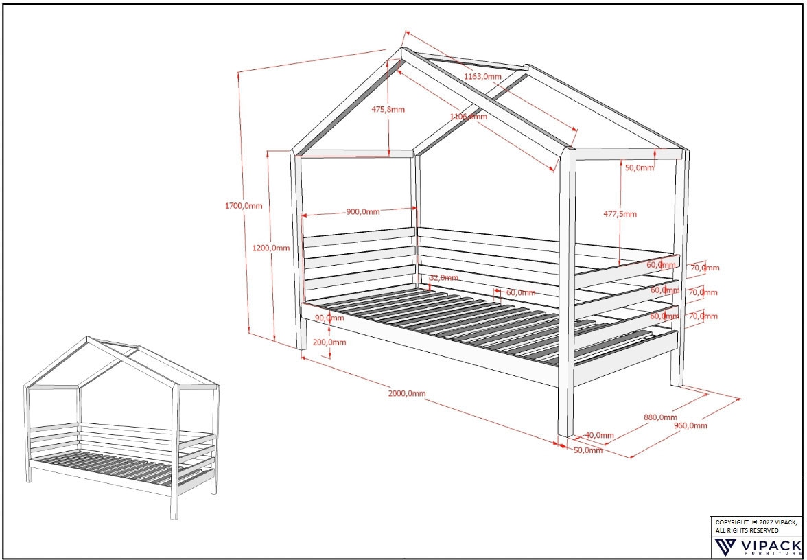 Home affaire Hausbett, (Made in Europe), 90x200 cm mit Dachaufbau, seitl. Umbau u. Lattenrost, Kiefer weiß