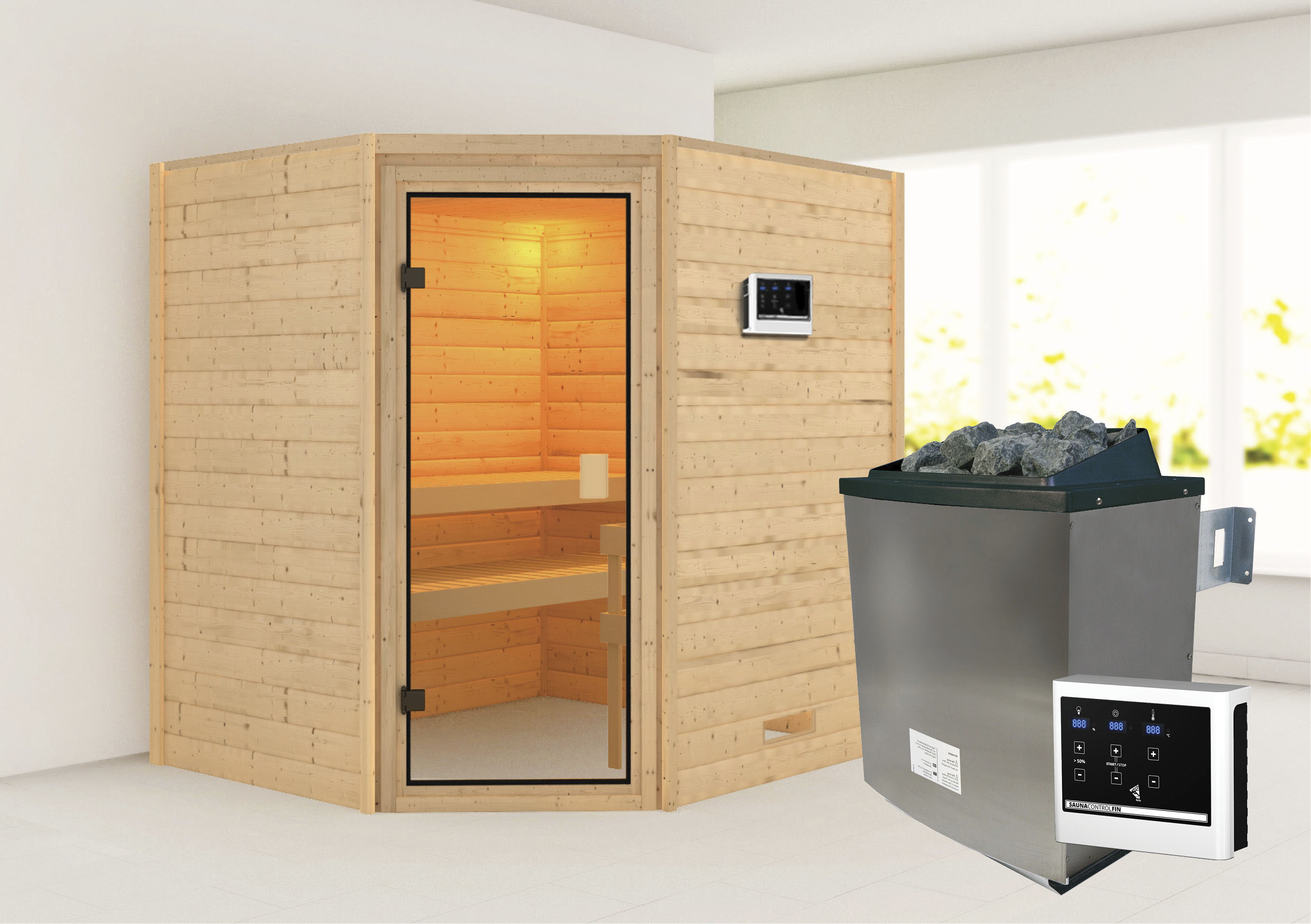 Karibu Sauna "Mia (Fronteinstieg)" Ofen 9 KW externe Strg easy