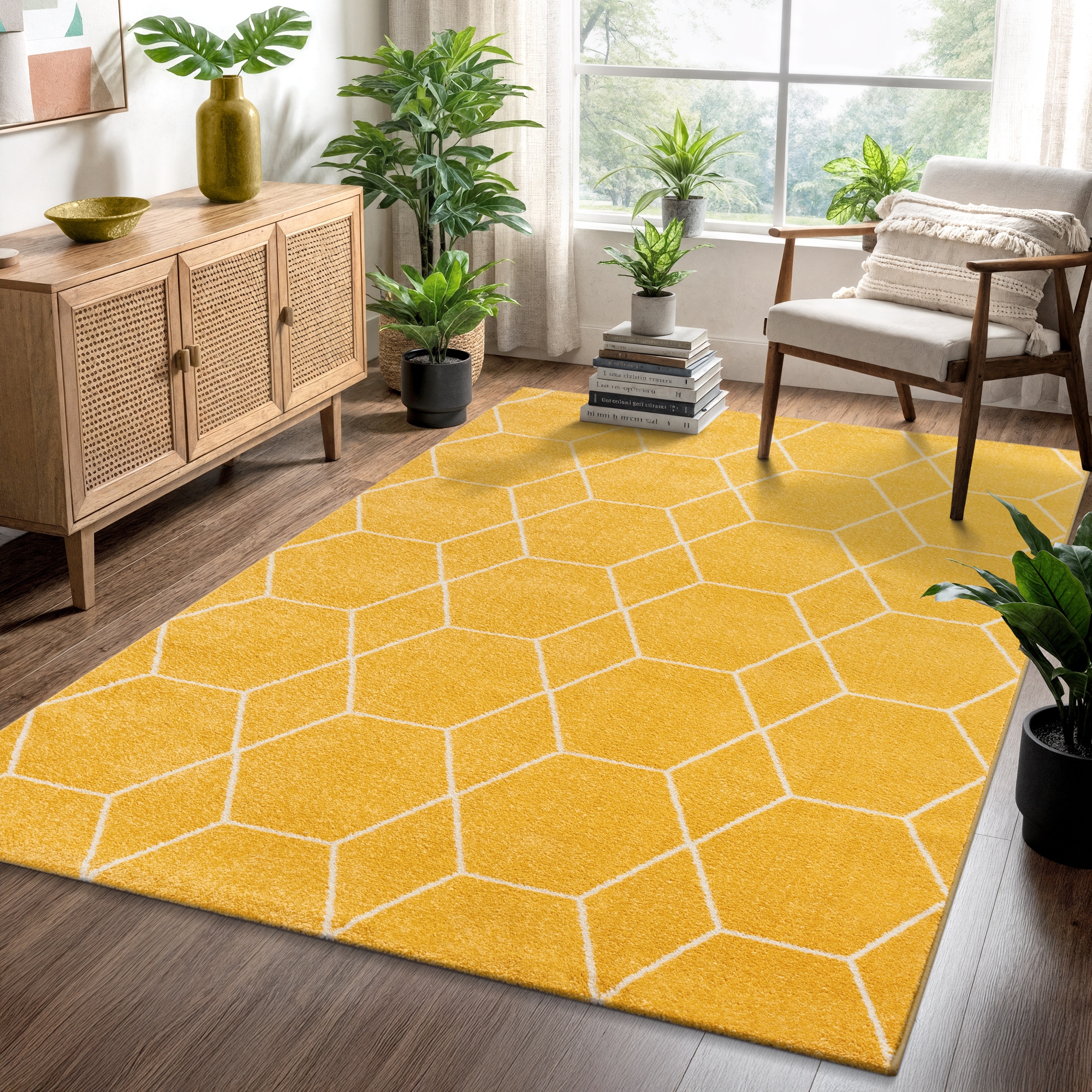 Teppich SANAT "Trellis", gelb, B:160cm H:10mm L:230cm, Kunstfaser, Teppiche, Teppich, Kurzflor, skandi, boho, auch als Läufer und in rund