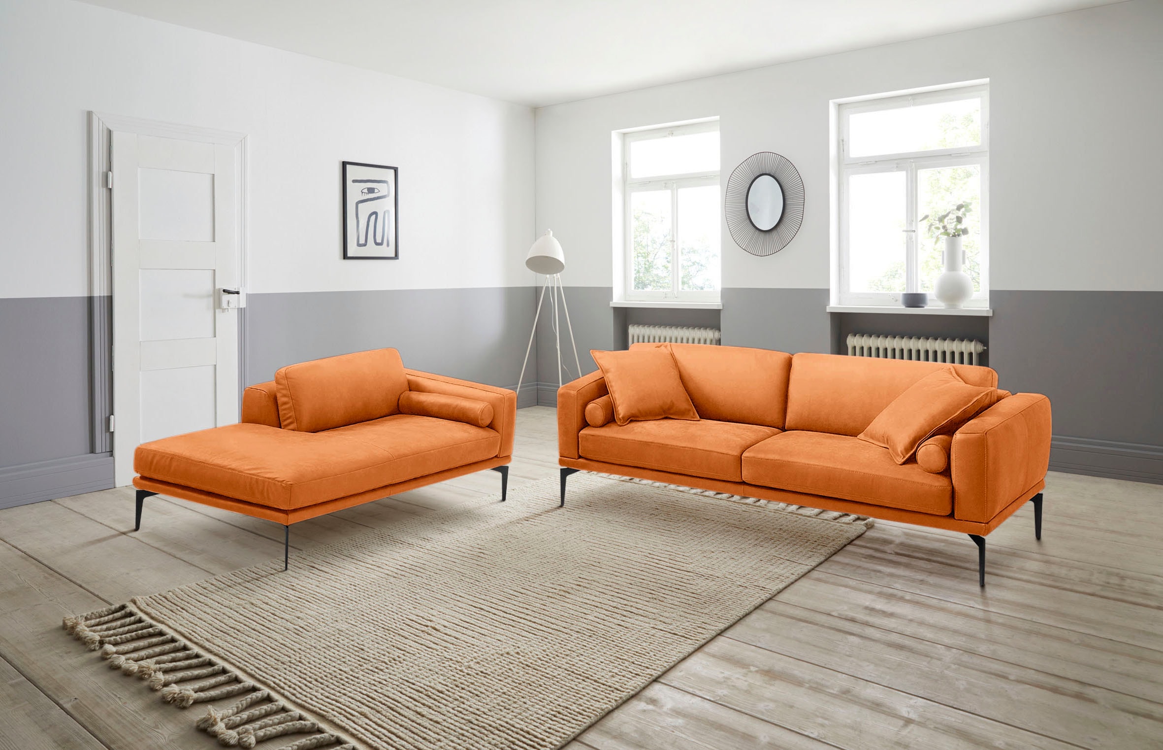 Egoitaliano Polstergarnitur "Masu, Design trifft sensationellen Sitzkomfort" Set besteht aus 2,5-Sitzer, freistehende Ottomane und 3 Rollkissen