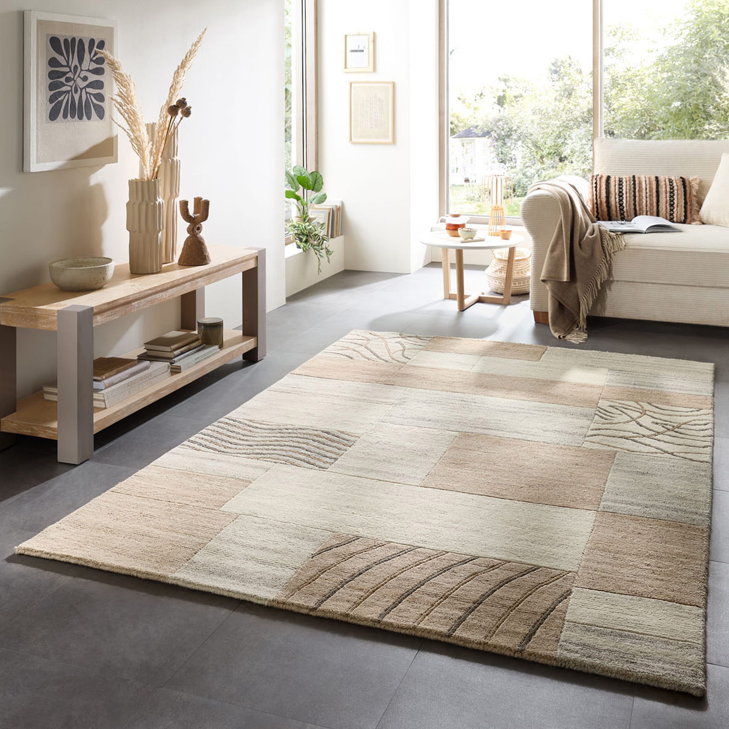 THEKO Wollteppich "Nakarta 2, handgeknüpft" rechteckig 12 mm Höhe reine Wolle, Naturtöne, Patchworkdesign, meliert, Wohnzimmer