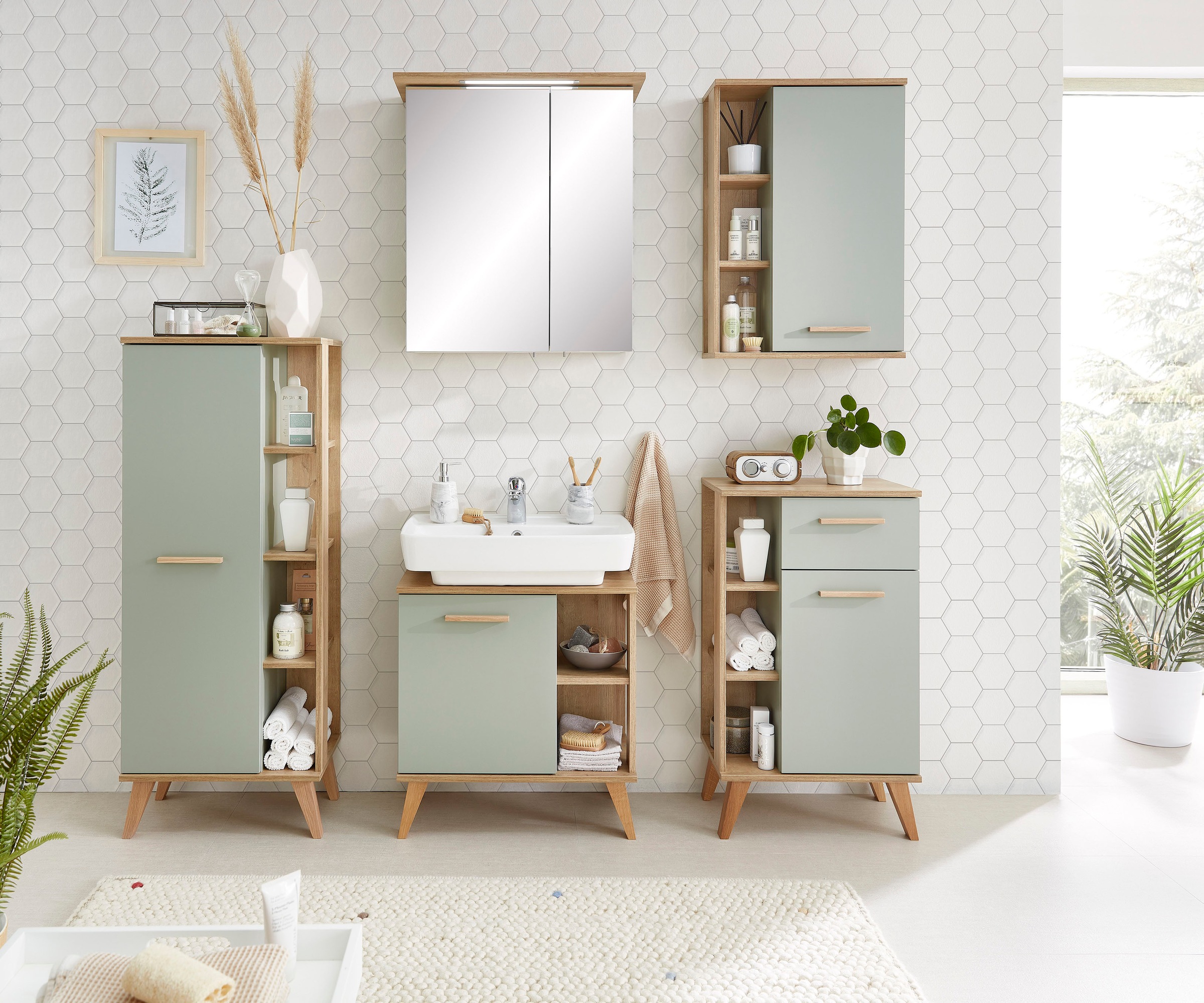 Saphir Badmöbel-Set "Quickset 5-teilig, Waschbeckenunterschrank mit LED-Spi günstig online kaufen