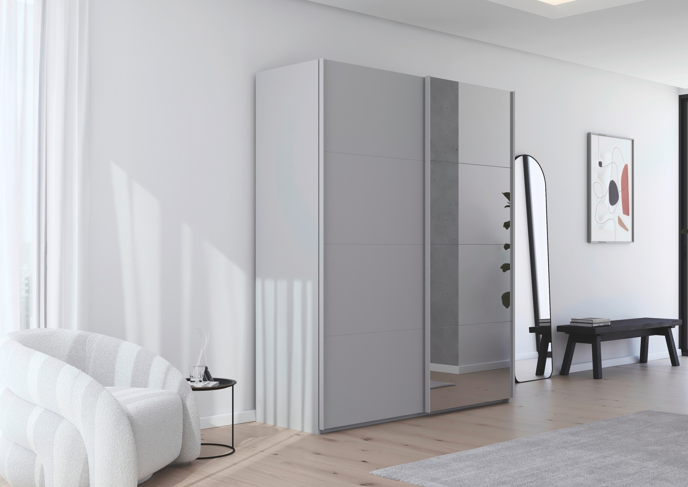 rauch Schwebetürenschrank »Kleiderschrank Schrank Garderobe Schlafzimmerschrank SCALE-FYRA«, edle viergeteilte Türen mit Spiegel und vielen Farben MADE IN GERMANY