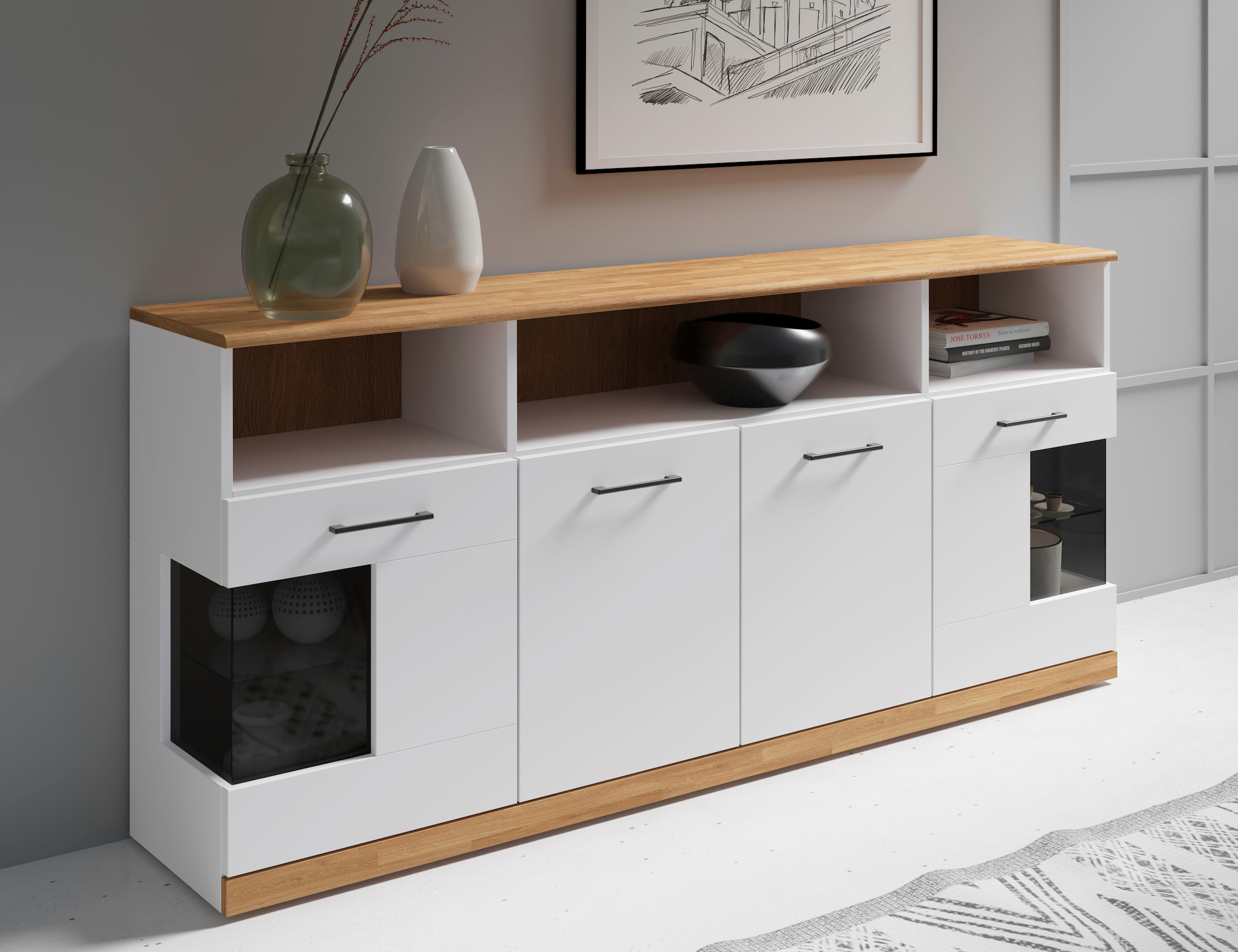 Home affaire Sideboard »Ribe,180cm breit, 9 Fächer«, Oberplatte Massivholz,schwarze Metall Griffe,2 Türen mit Glaseinsatz