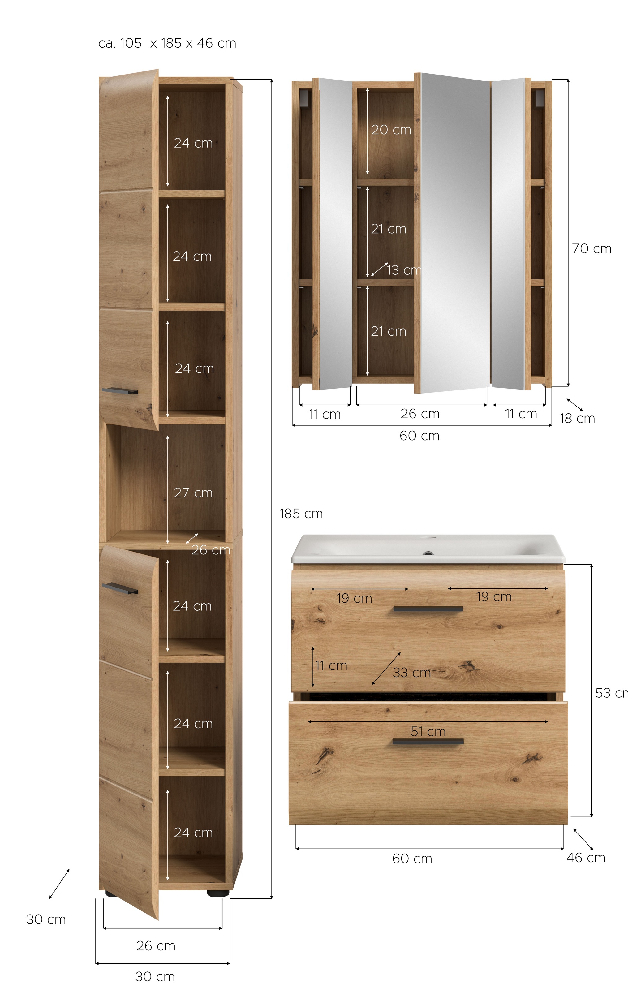 INOSIGN Badezimmer-Set, (Set, 4 St.), Florenz, Badkombination 4-tlg., Artisan Oak NB, inkl. Waschbecken