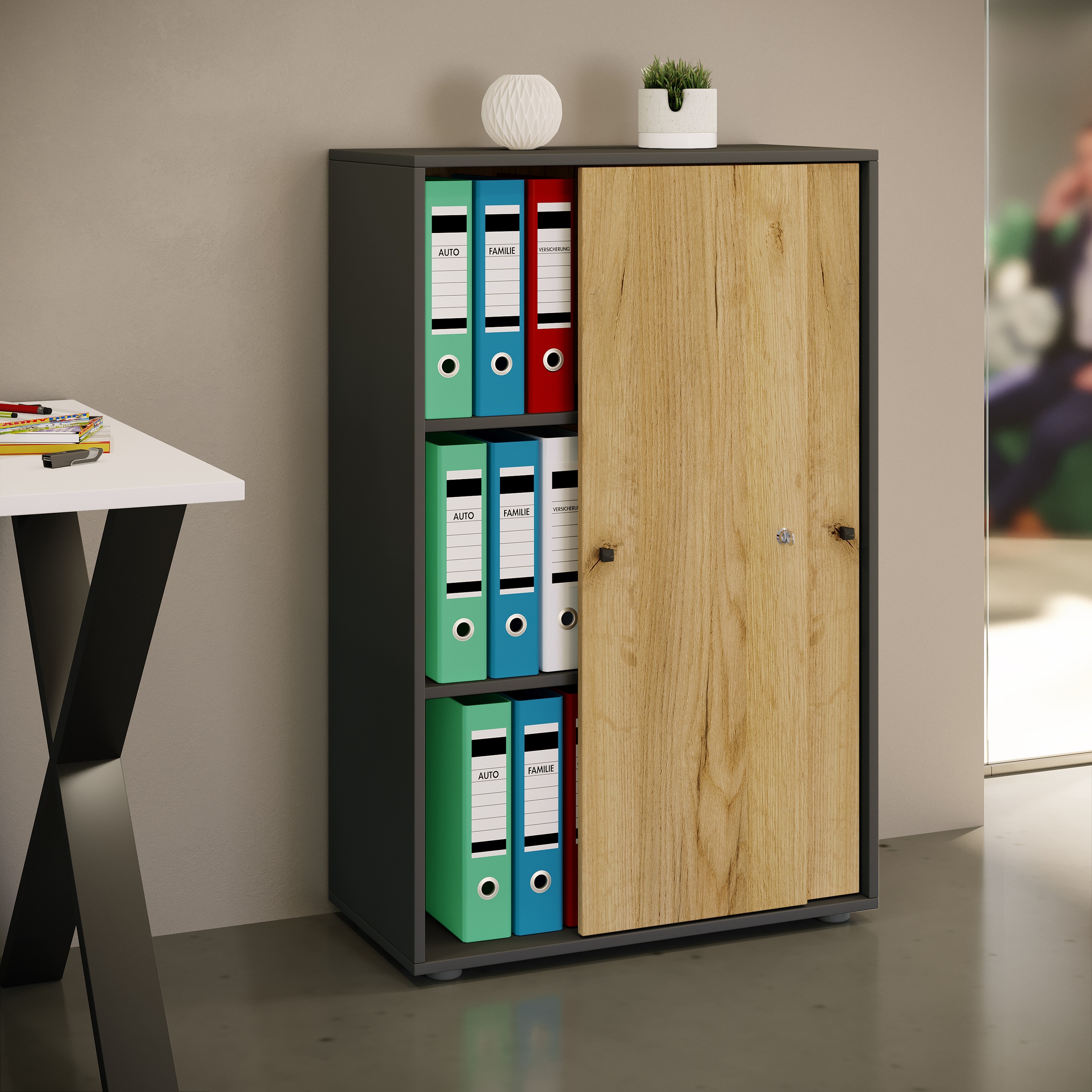 VCM Aktenschrank »VCM Büroschrank mit 3 Fächern | moderner Aktenschrank mit Schiebetüren | Maße ca. B. 70 x H. 111 x T. 40 cm ¿ Lona 3-Fach«, (1 St.)