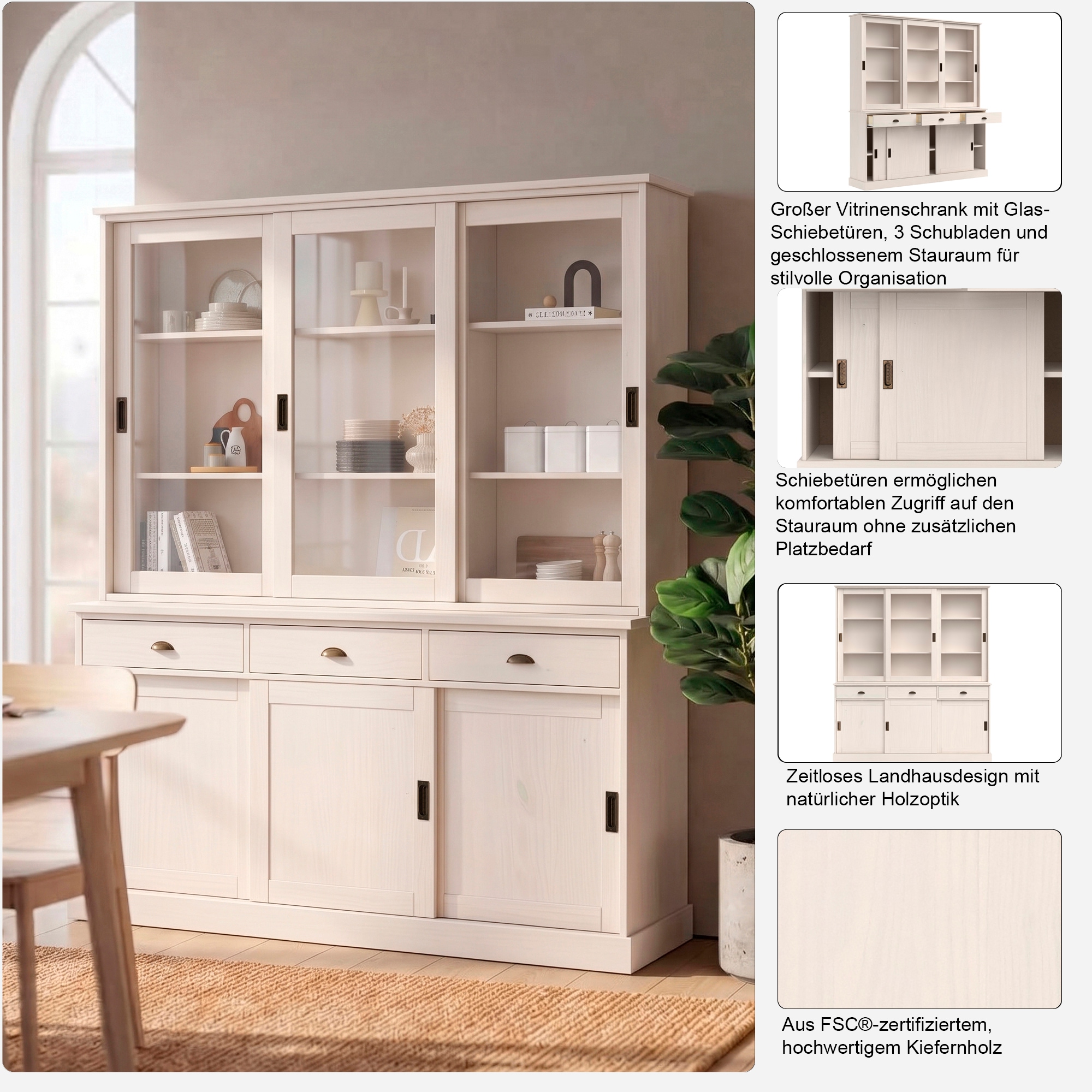 OTTO home Buffet »Schröder Buffetschrank, Schiebetür-Vitrine -und Schrank & 3 Schubladen« 6 Schiebetüren, davon 3 mit Glaseinsatz und 3 Schubladen, Metallgriffe