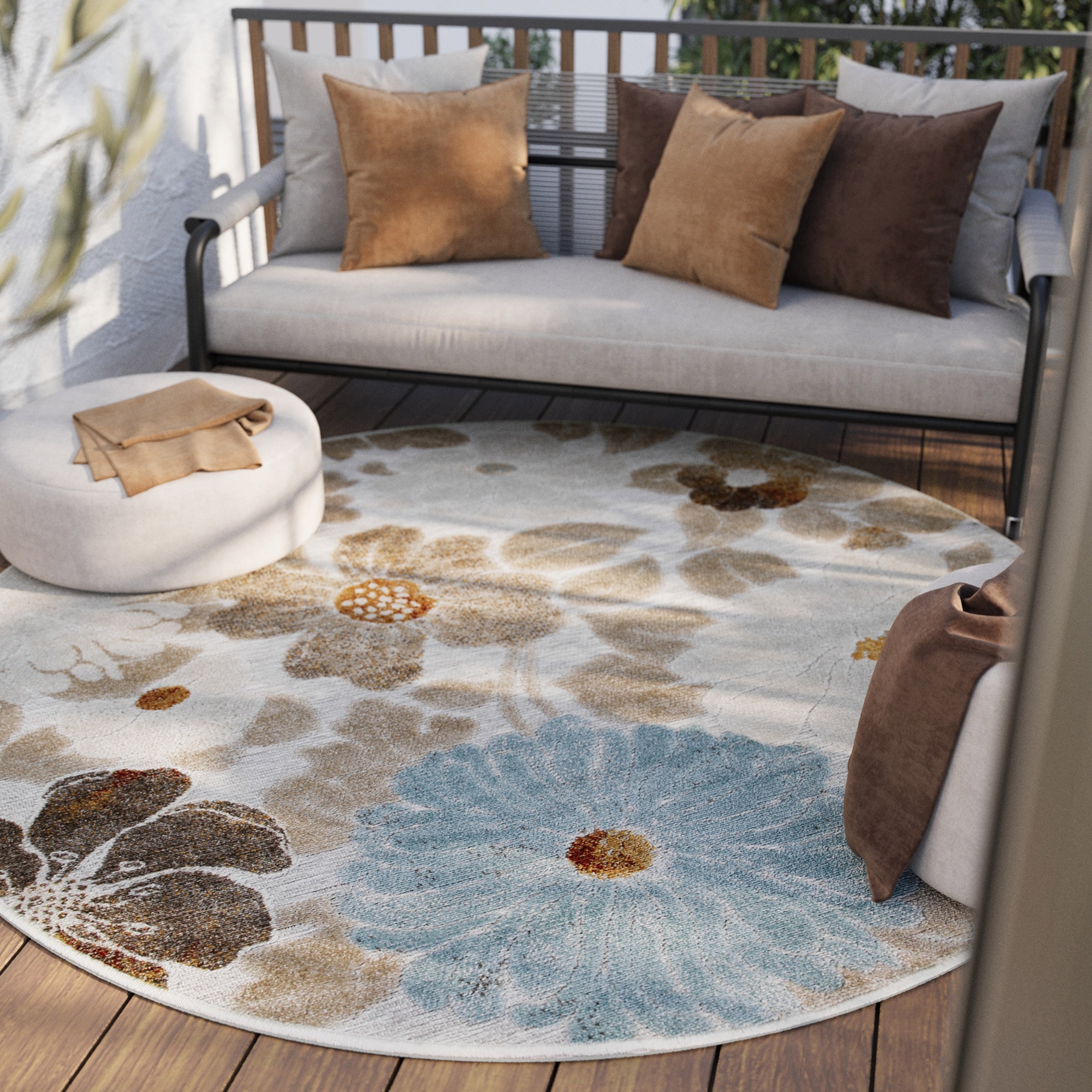Wecon home Outdoorteppich "Beach Flower" rund 5 mm Höhe für Innen & Außen, strapazierfähig, pflegeleicht, Hoch-Tief Effekt