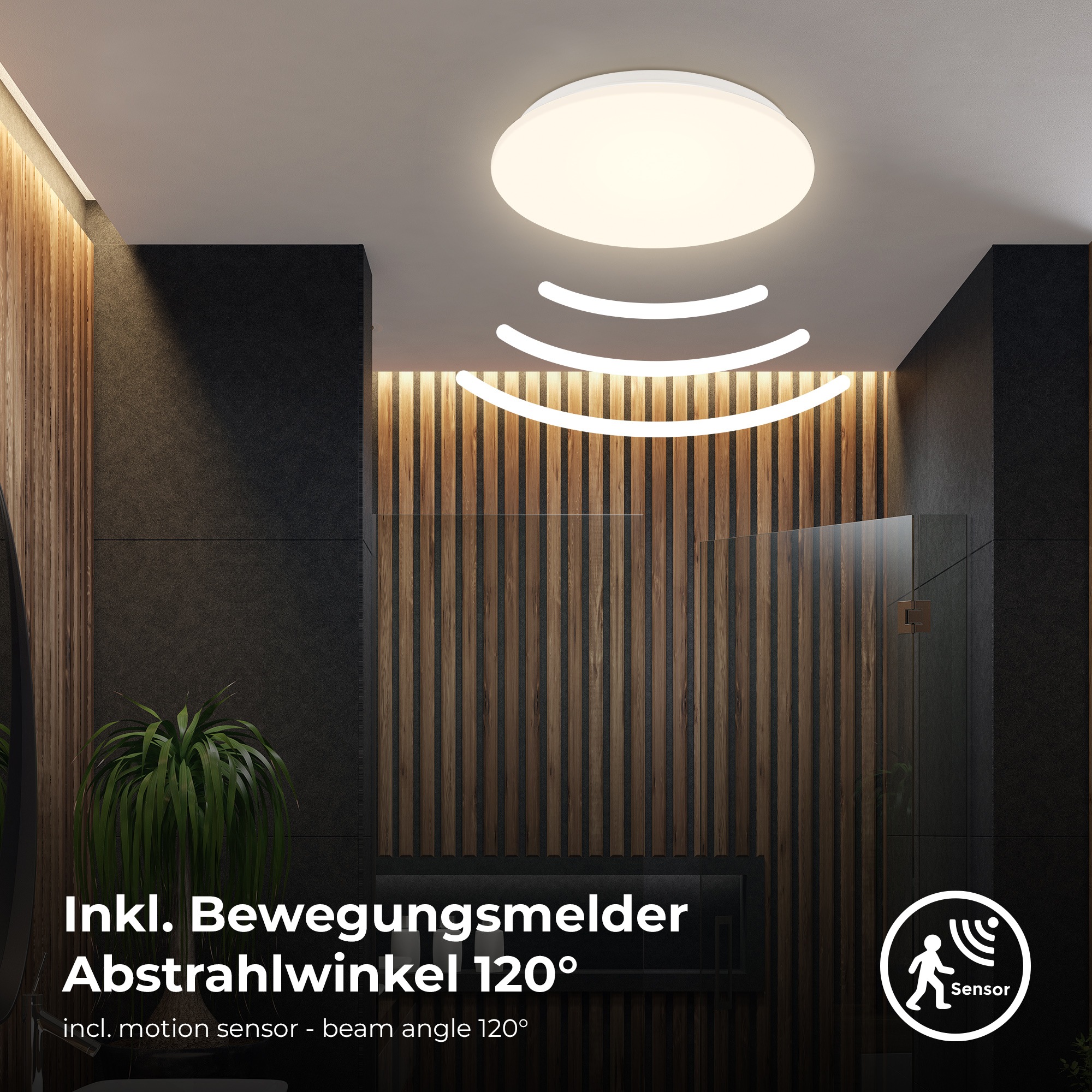 B.K.Licht LED Deckenleuchte »LED Bad Deckenleuchte mit Mikrowellensensor«, 1 flammig, Leuchtmittel LED-Modul | LED fest integriert, 12W 1300Lm 3000K IP44 270x60mm (DxH)
