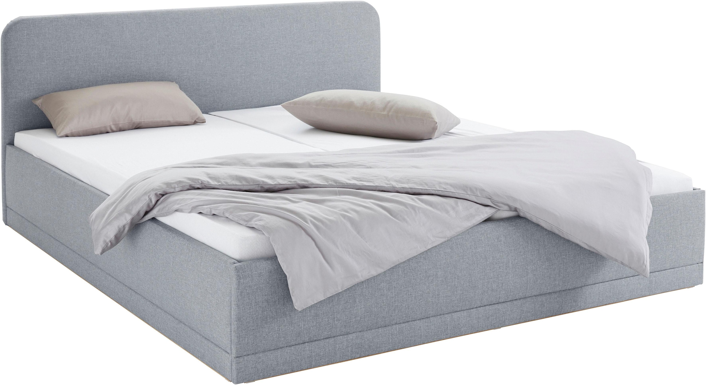 Polsterbett, grau, B:210cm L:210cm, Bezug Bett: wahlweise Microfaser (100% Polyester), Strukturstoff (77% Polyester, 23% Viskose) oder Kunstleder;Bonnell-Federkernmatratze: Mischgewebe (51% Polyprophlen, 39% Polyester, 10% Baumwolle);Kaltschaummatratze: F