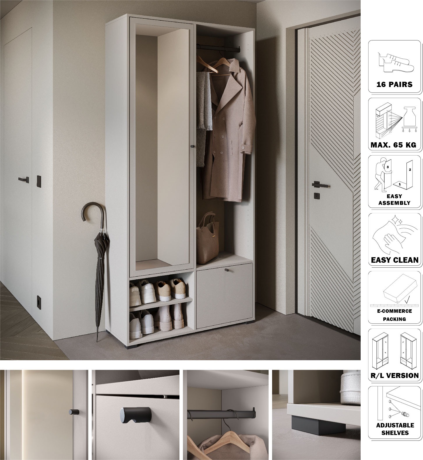 INOSIGN Garderobenschrank »DINO Kompaktgarderobe, Garderoben-Set DINO«, Mit Spiegel und Kleiderstange, 90 cm breit, Türanschlag wechselbar